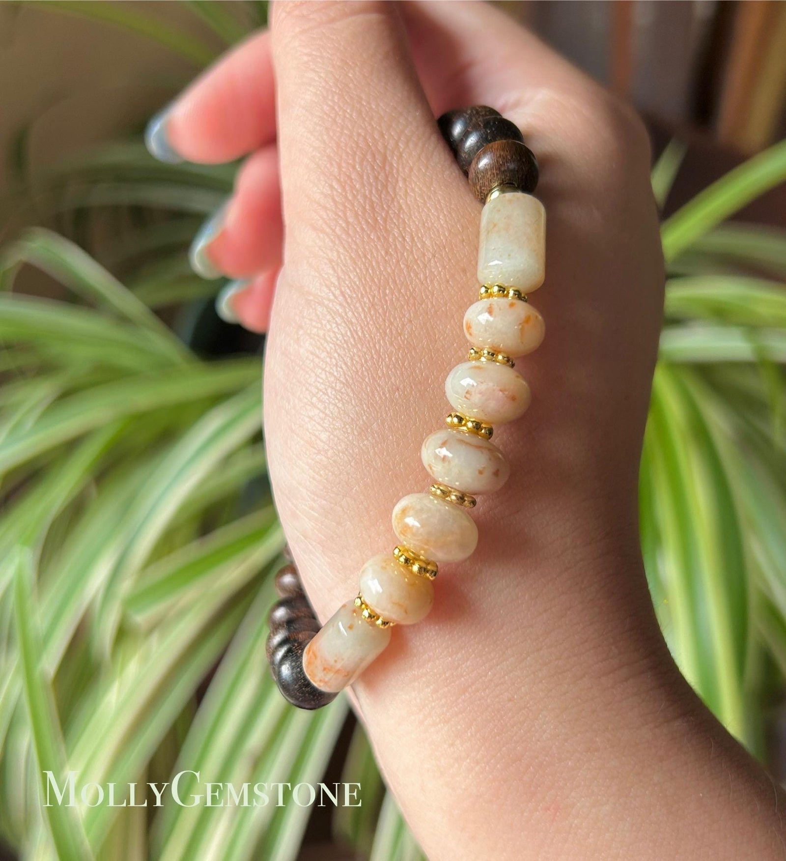 Jadeite Jade & Wood Beaded Bracelet Jewelry Gift for Her Natural Burmese Untreated Icy Translucent Type A RARE Red Floral Jade 10.5mm FeiCui