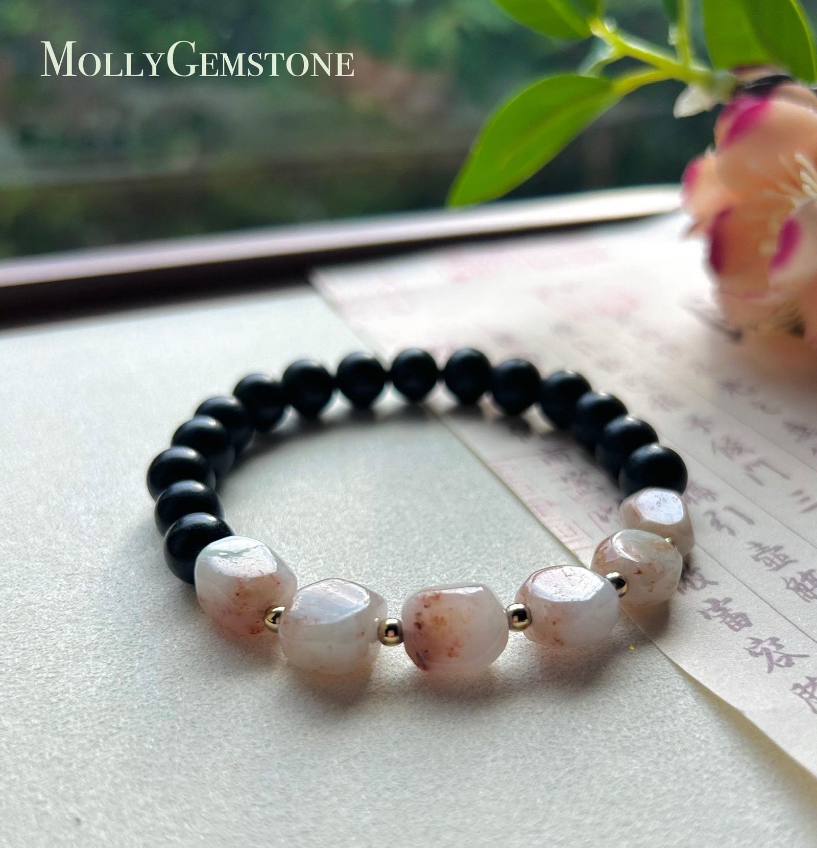 Jadeite Jade & Wood Beaded Bracelet Jewelry Gift for Her Natural Burmese Untreated Icy Translucent Type A RARE Red Floral Jade 10.5mm FeiCui