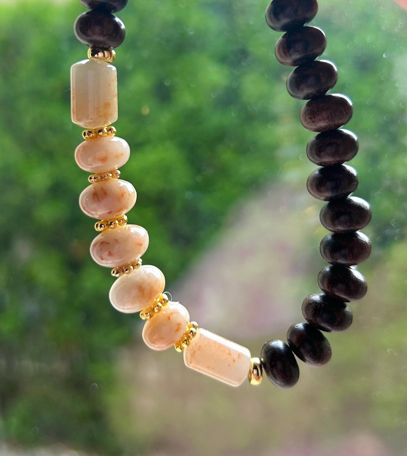 Jadeite Jade & Wood Beaded Bracelet Jewelry Gift for Her Natural Burmese Untreated Icy Translucent Type A RARE Red Floral Jade 10.5mm FeiCui