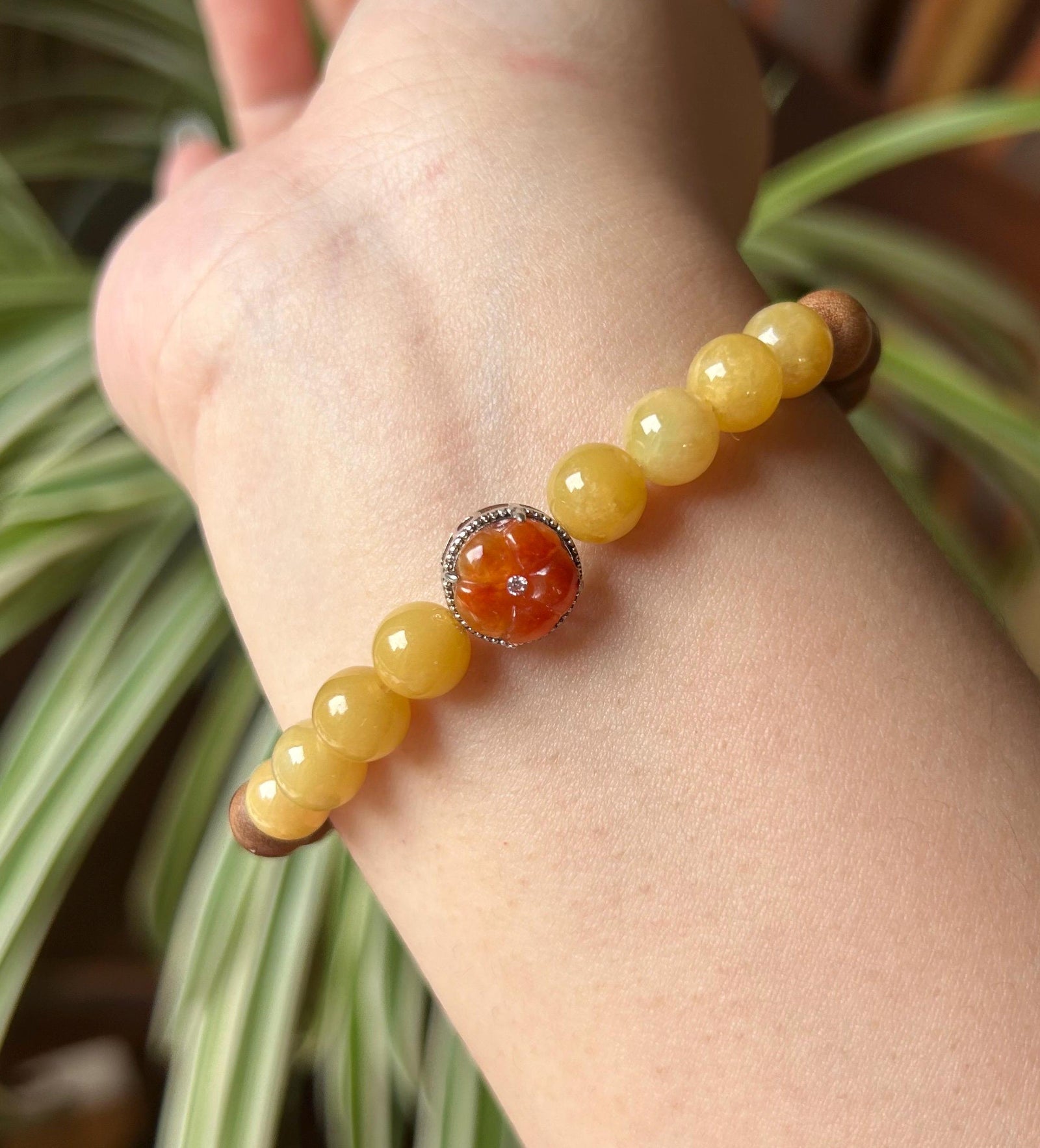 Jadeite Jade & Sandlewood Beaded Bracelet Jewelry Gift for Her Natural Burmese Type A Icy Translucent Yellow and Red Jade 7.8mm FeiCui