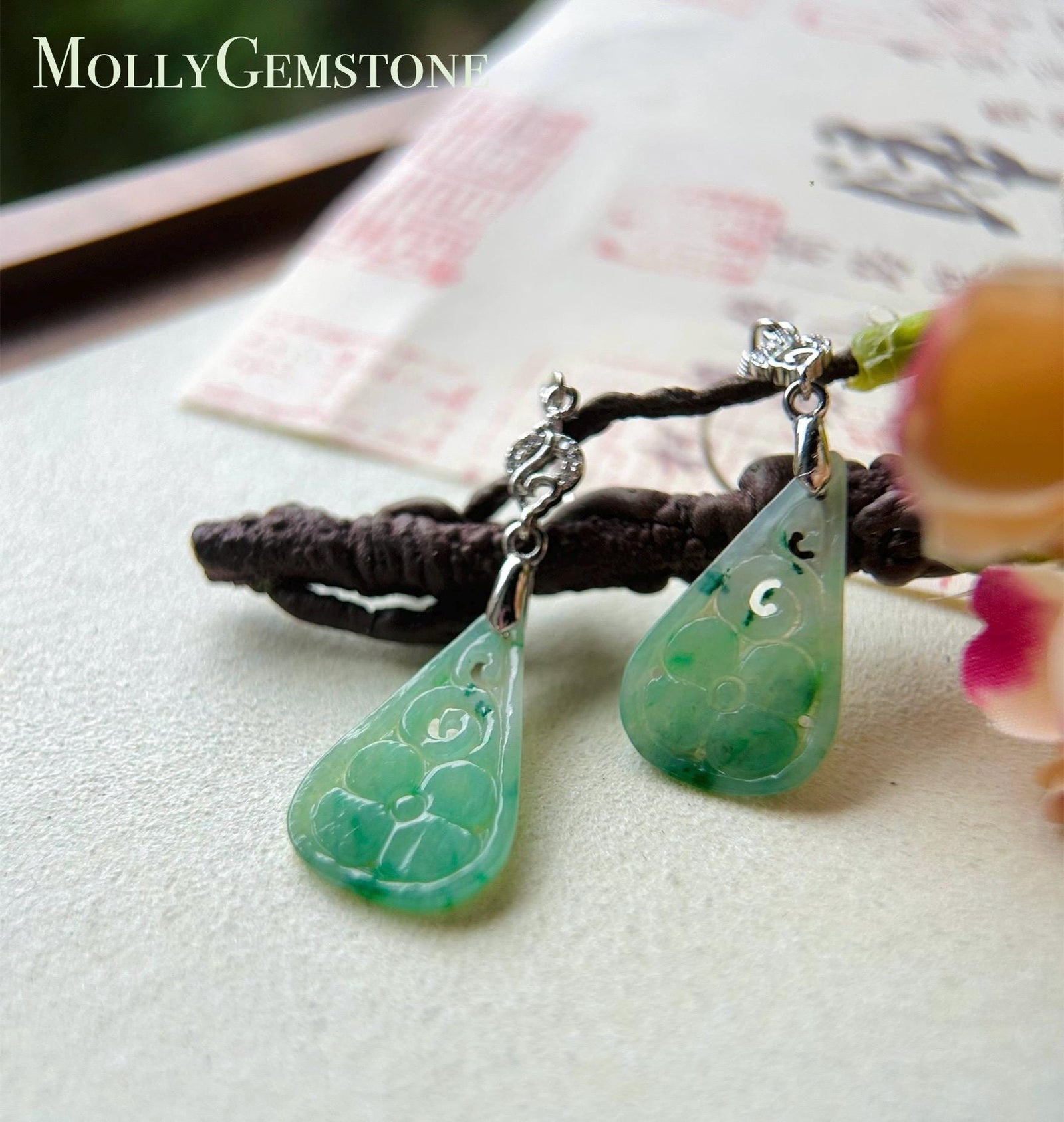 Jadeite Jade & Silver Earrings Handcrafted Jewelry Gift for Her Natural Burmese Type A Icy Translucent Gelatinous Icy Green Floral Jade