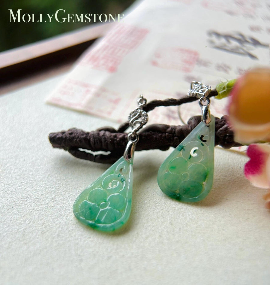 Jadeite Jade & Silver Earrings Handcrafted Jewelry Gift for Her Natural Burmese Type A Icy Translucent Gelatinous Icy Green Floral Jade