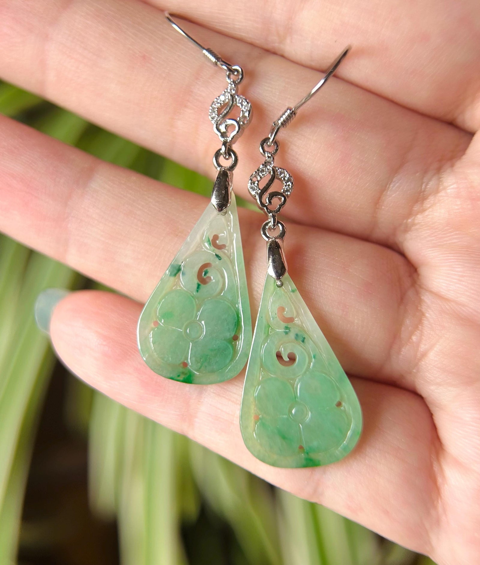 Jadeite Jade & Silver Earrings Handcrafted Jewelry Gift for Her Natural Burmese Type A Icy Translucent Gelatinous Icy Green Floral Jade