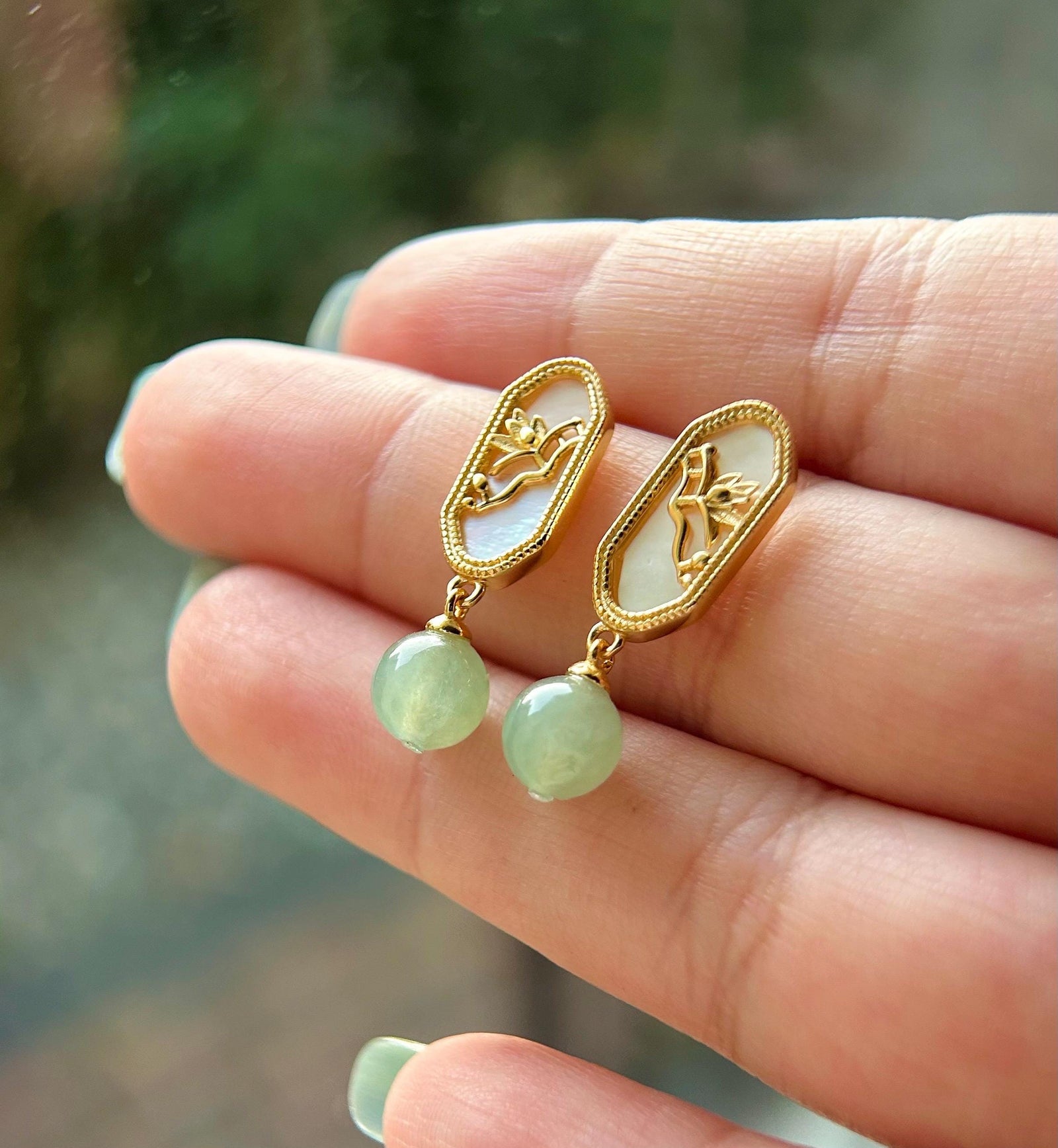 Jadeite Jade Beaded Earrings Handmade Jewelry Gift for Her Natural Burmese Type A Highly Translucent Jade wt Sterling Silver Mother of Pearl
