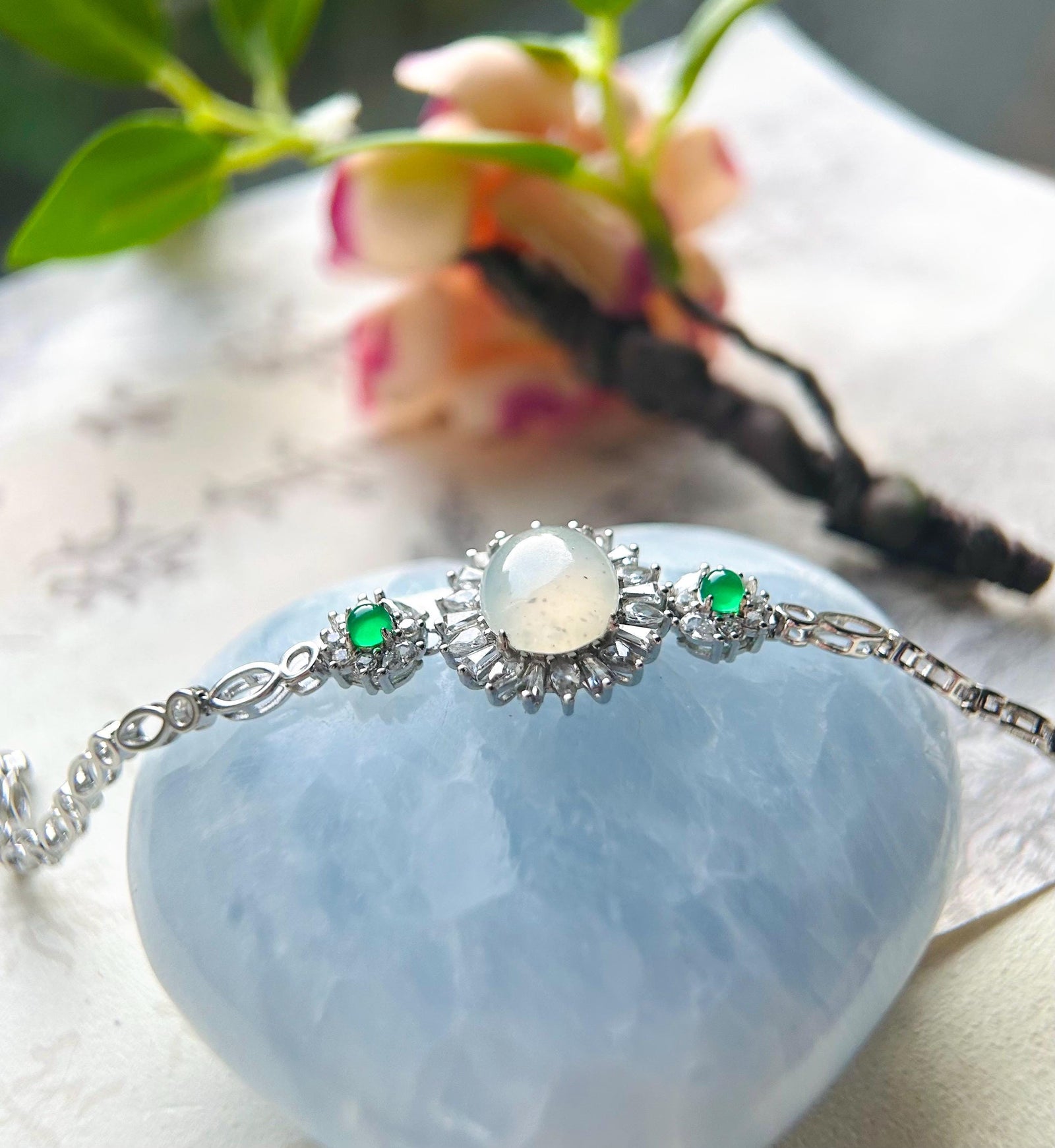 Jadeite Jade Bracelet Jewelry Gift for Her Natural Burmese Type A Highly Translucent Icy White WuJi Jade & 925 Sterling Silver