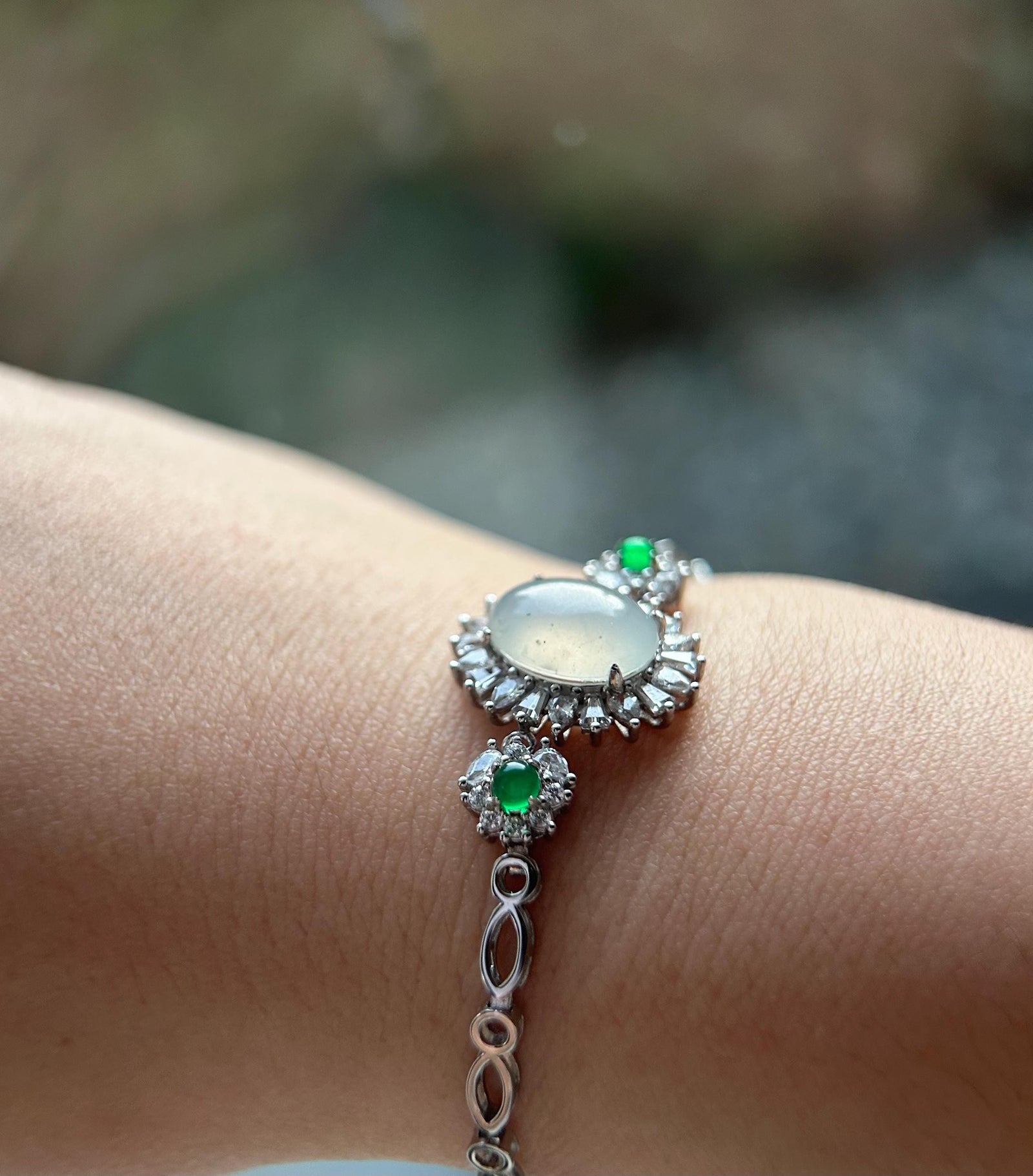 Jadeite Jade Bracelet Jewelry Gift for Her Natural Burmese Type A Highly Translucent Icy White WuJi Jade & 925 Sterling Silver