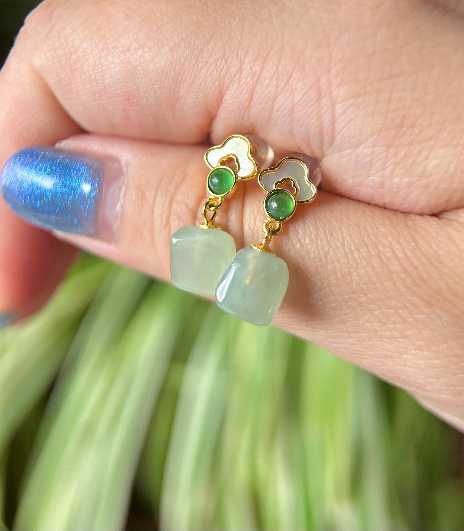 Jadeite Jade Ice Cube Beaded Earrings Handmade Jewelry Gift for Her Natural Burma Type A Highly Translucent Jade Sterling Silver Lucky RuYi