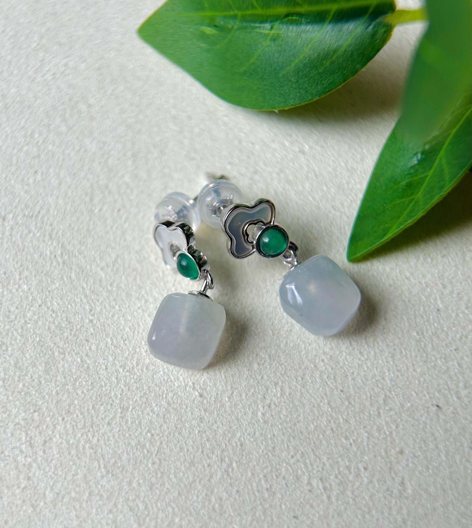 Jadeite Jade Ice Cube Beaded Earrings Handmade Jewelry Gift for Her Natural Burma Type A Highly Translucent Jade Sterling Silver Lucky RuYi