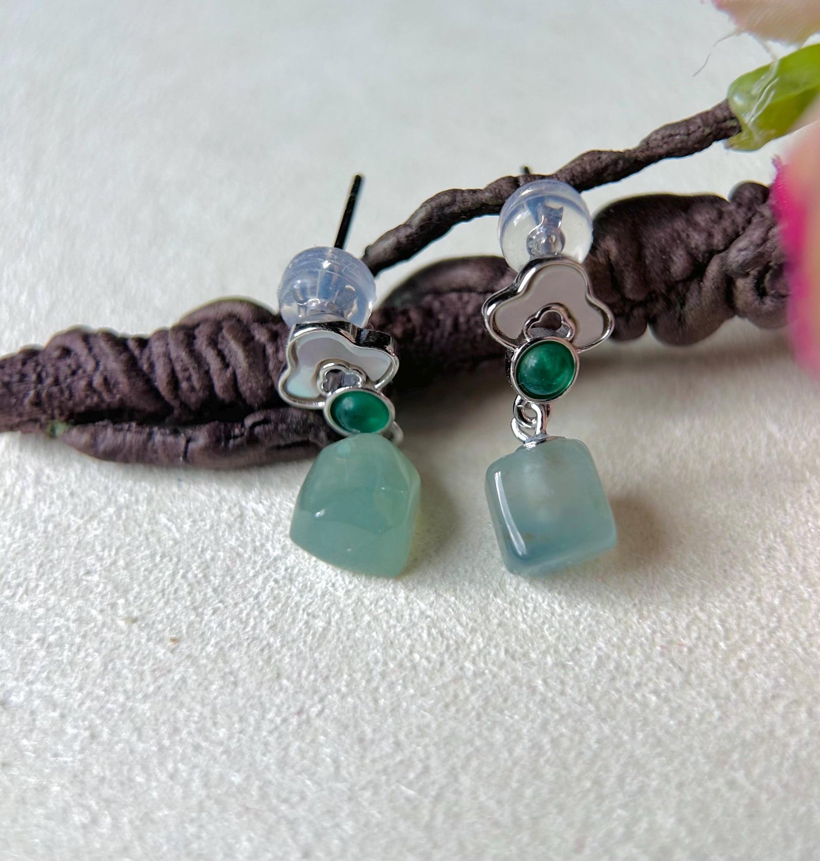 Jadeite Jade Ice Cube Beaded Earrings Handmade Jewelry Gift for Her Natural Burma Type A Highly Translucent Jade Sterling Silver Lucky RuYi