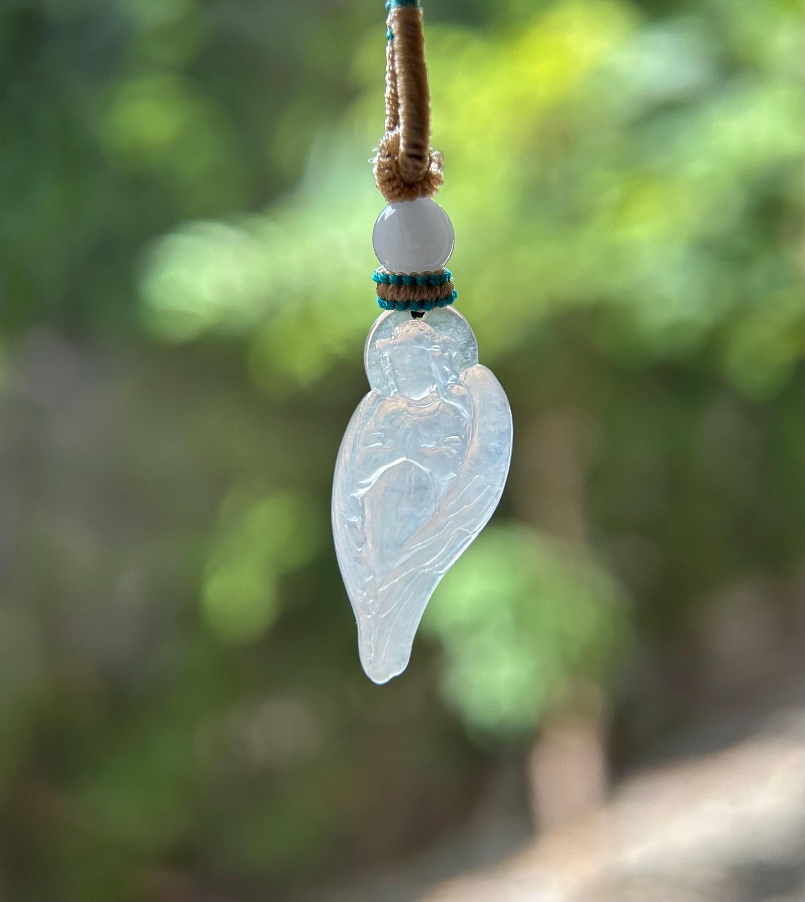Jadeite Jade Pendant Handwoven Necklace Jewelry Gift Natural Burmese Untreated Type A Icy High Translucent White Dainty Jade Angel