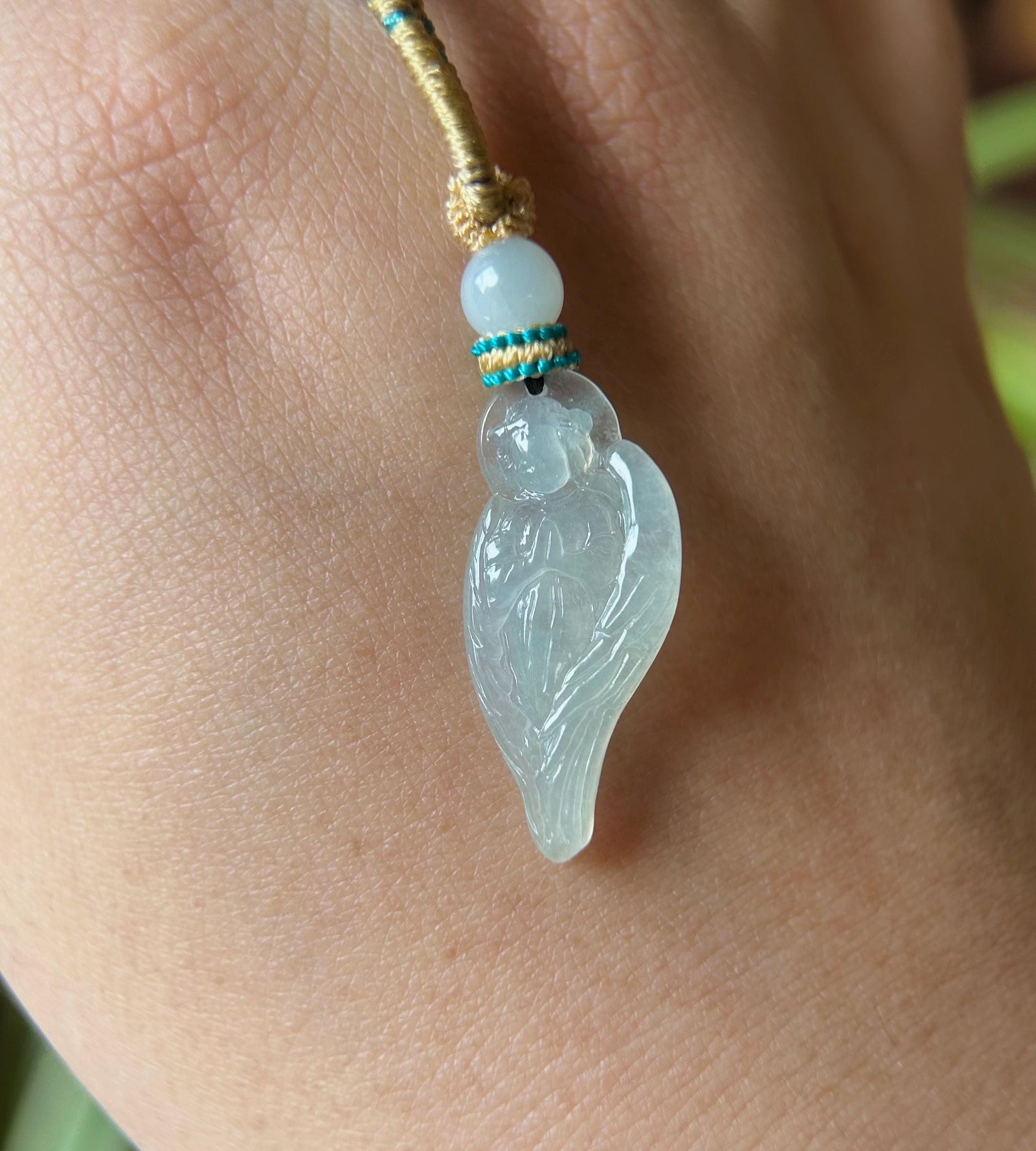 Jadeite Jade Pendant Handwoven Necklace Jewelry Gift Natural Burmese Untreated Type A Icy High Translucent White Dainty Jade Angel