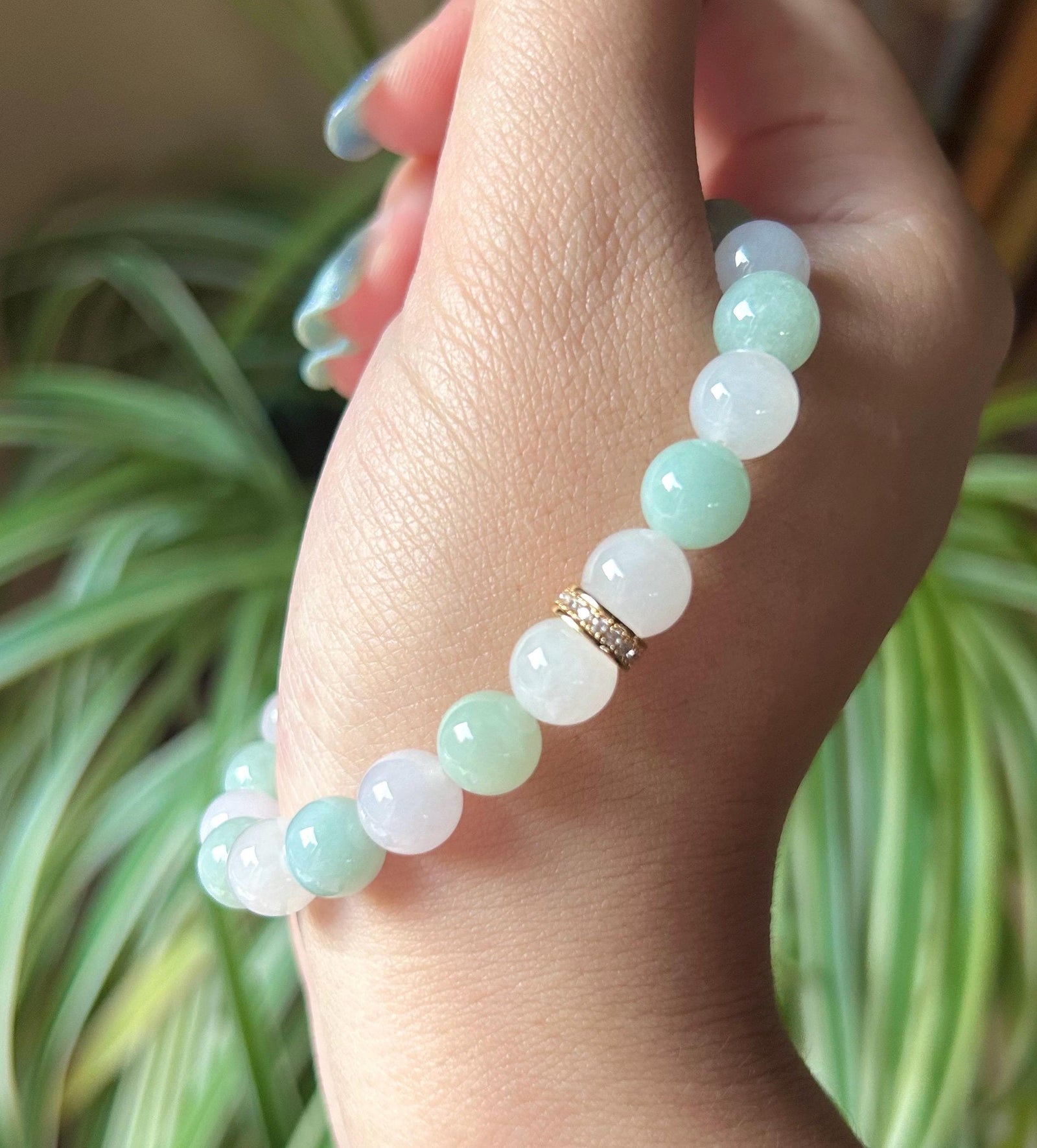 Jadeite Jade Beaded Bracelet Jewelry Gift for Her Natural Burmese Untreated Type A Icy Translucent Apple Green & White 8.8mm Jade Bracelet