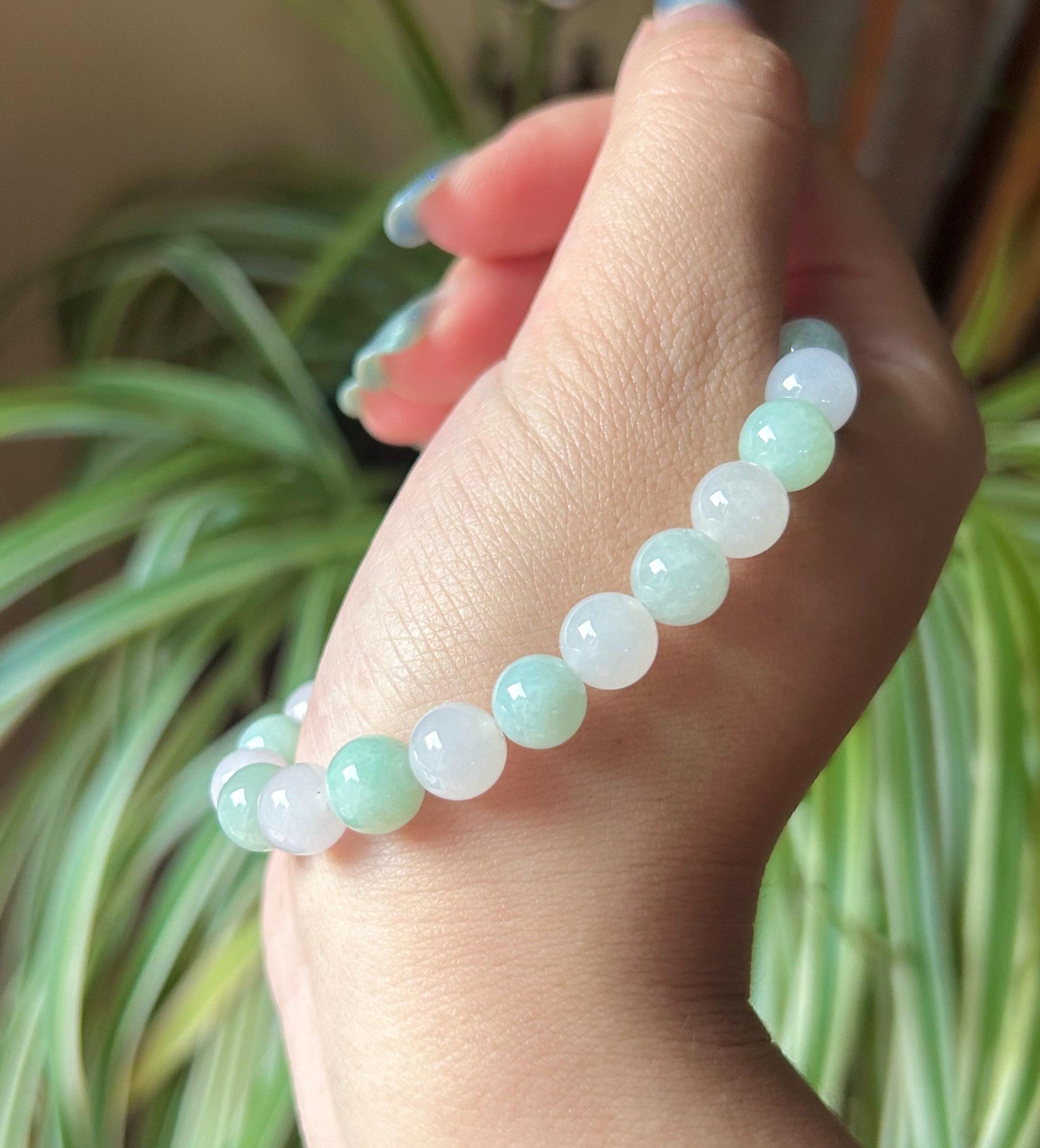 Jadeite Jade Beaded Bracelet Jewelry Gift for Her Natural Burmese Untreated Type A Icy Translucent Apple Green & White 8.8mm Jade Bracelet
