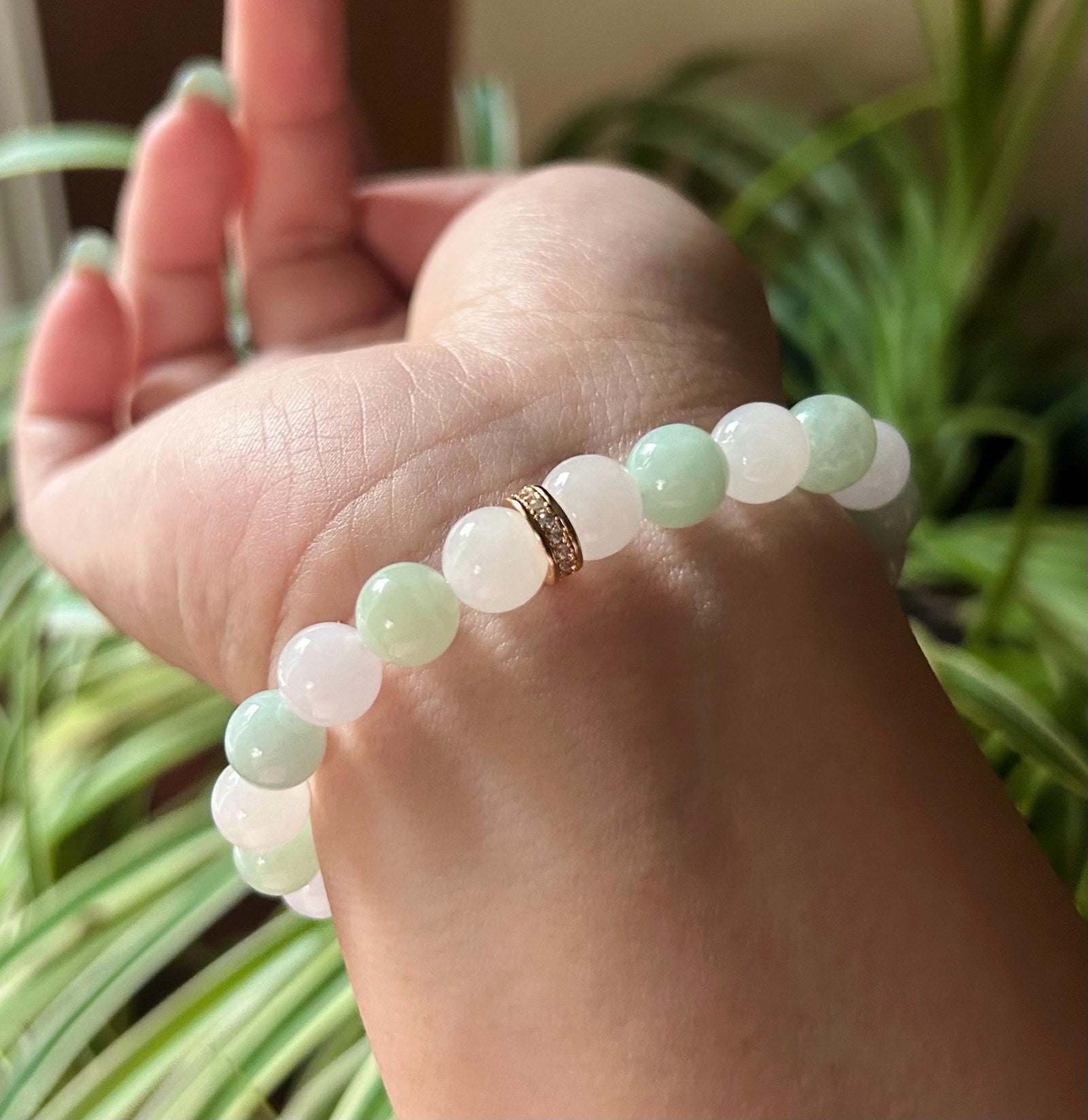 Jadeite Jade Beaded Bracelet Jewelry Gift for Her Natural Burmese Untreated Type A Icy Translucent Apple Green & White 8.8mm Jade Bracelet