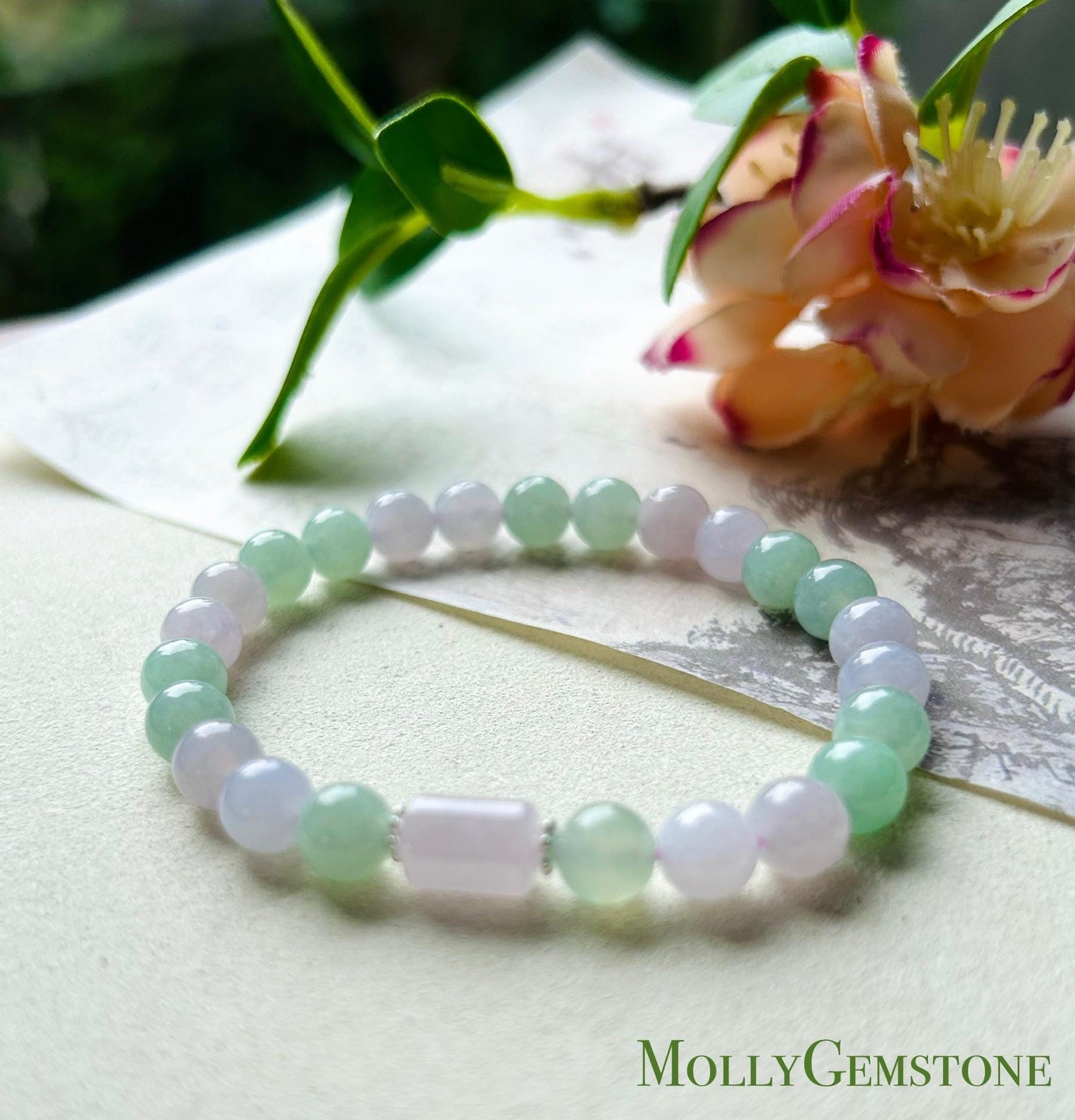 Jadeite Jade Beaded Bracelet Handmade Jewelry Gift for Her Natural Burmese Type A Icy Highly Translucent Apple Green & Pinkish Purple 7mm