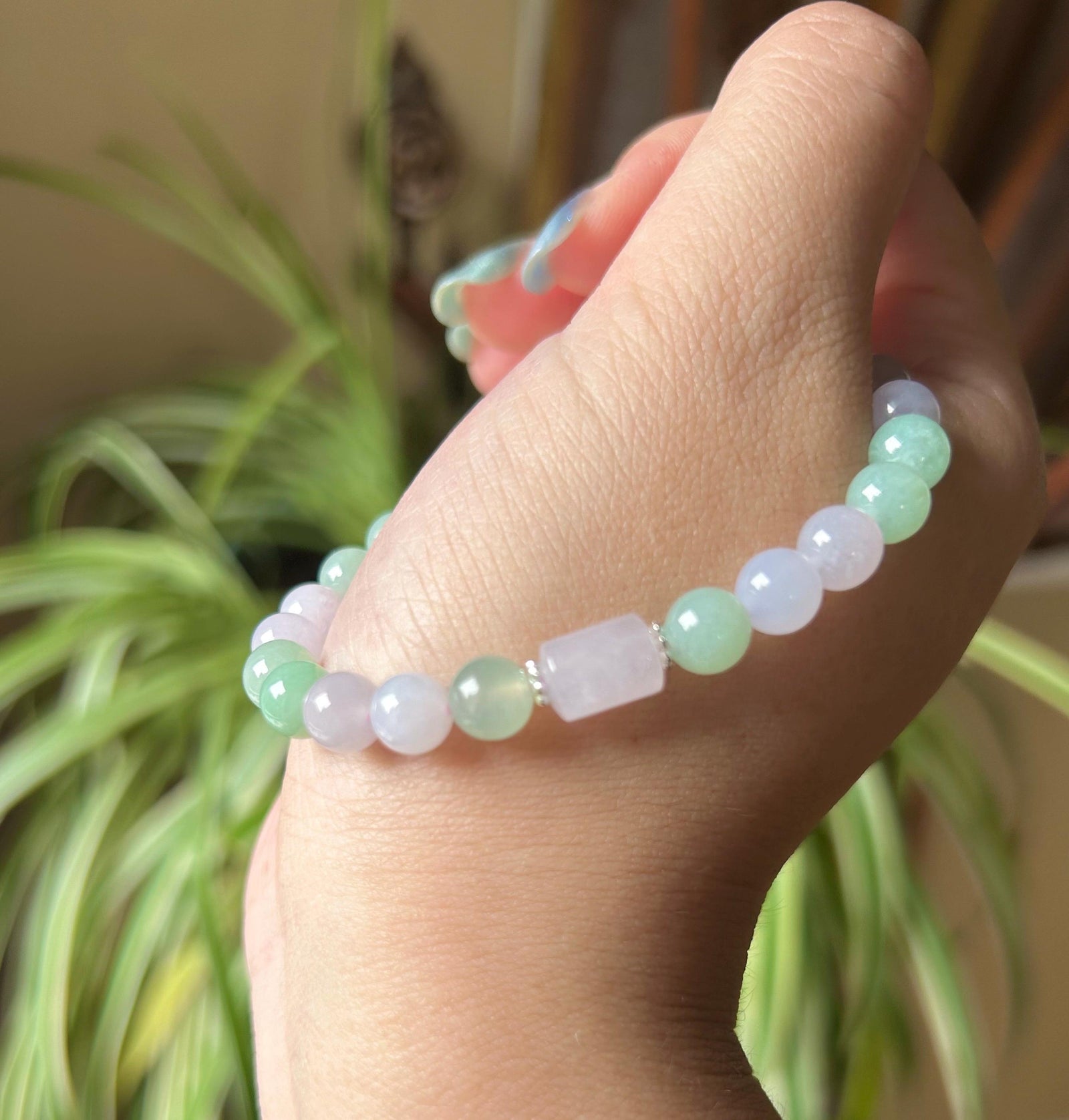 Jadeite Jade Beaded Bracelet Handmade Jewelry Gift for Her Natural Burmese Type A Icy Highly Translucent Apple Green & Pinkish Purple 7mm