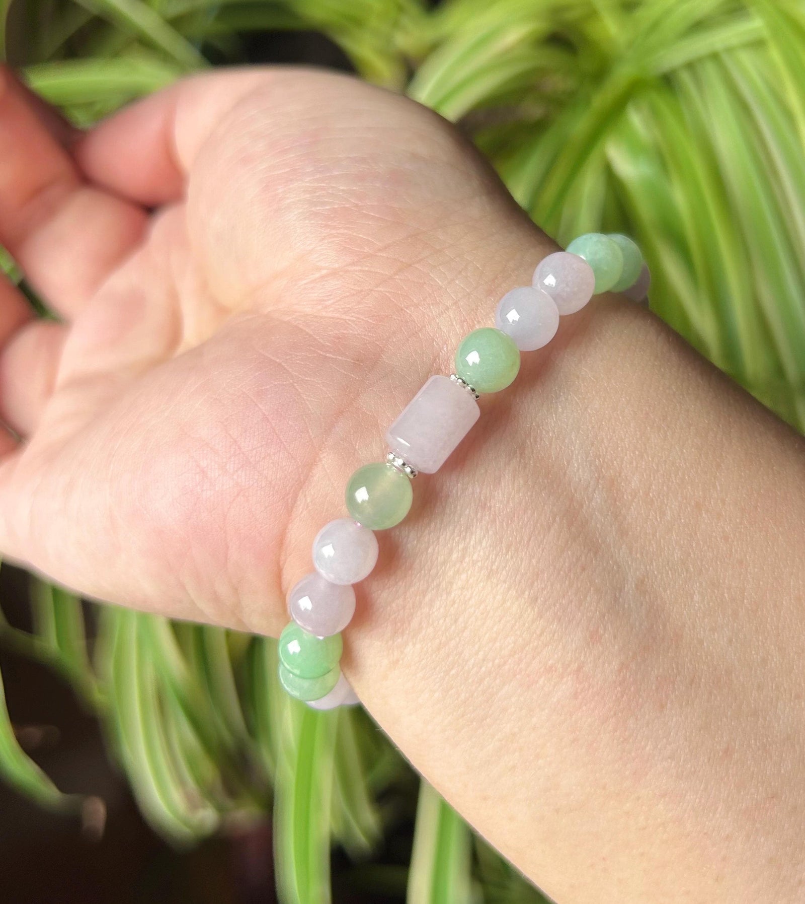 Jadeite Jade Beaded Bracelet Handmade Jewelry Gift for Her Natural Burmese Type A Icy Highly Translucent Apple Green & Pinkish Purple 7mm
