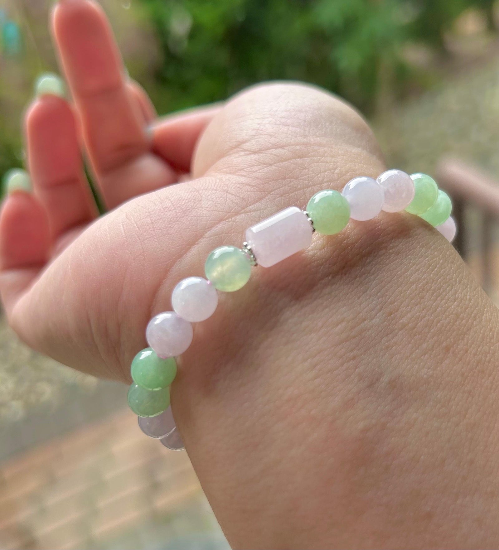 Jadeite Jade Beaded Bracelet Handmade Jewelry Gift for Her Natural Burmese Type A Icy Highly Translucent Apple Green & Pinkish Purple 7mm