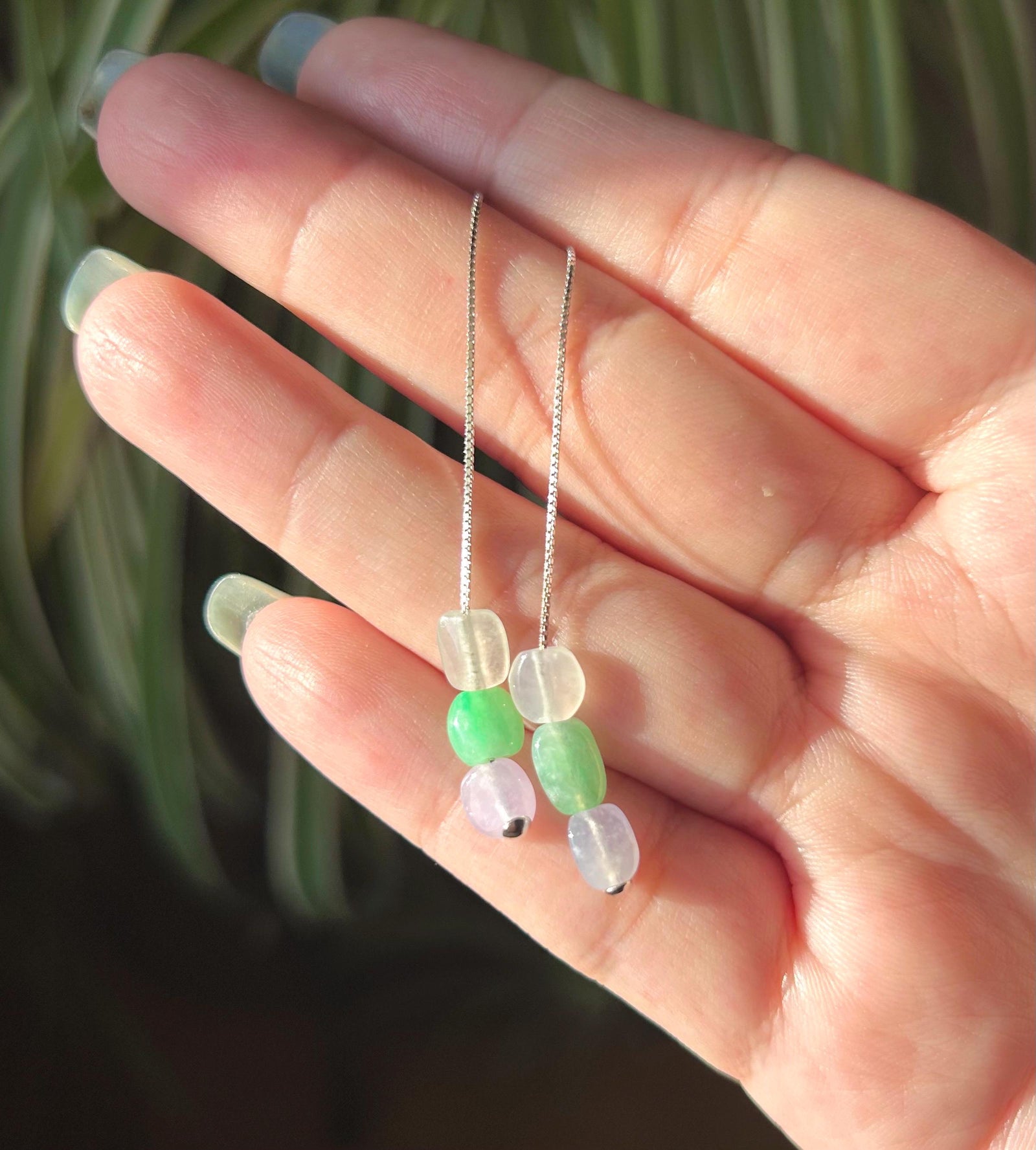 Burmese Jadeite Threader Earrings: Natural Type A Highly Translucent Multicolor Jade, Sterling Silver, Adjustable Length