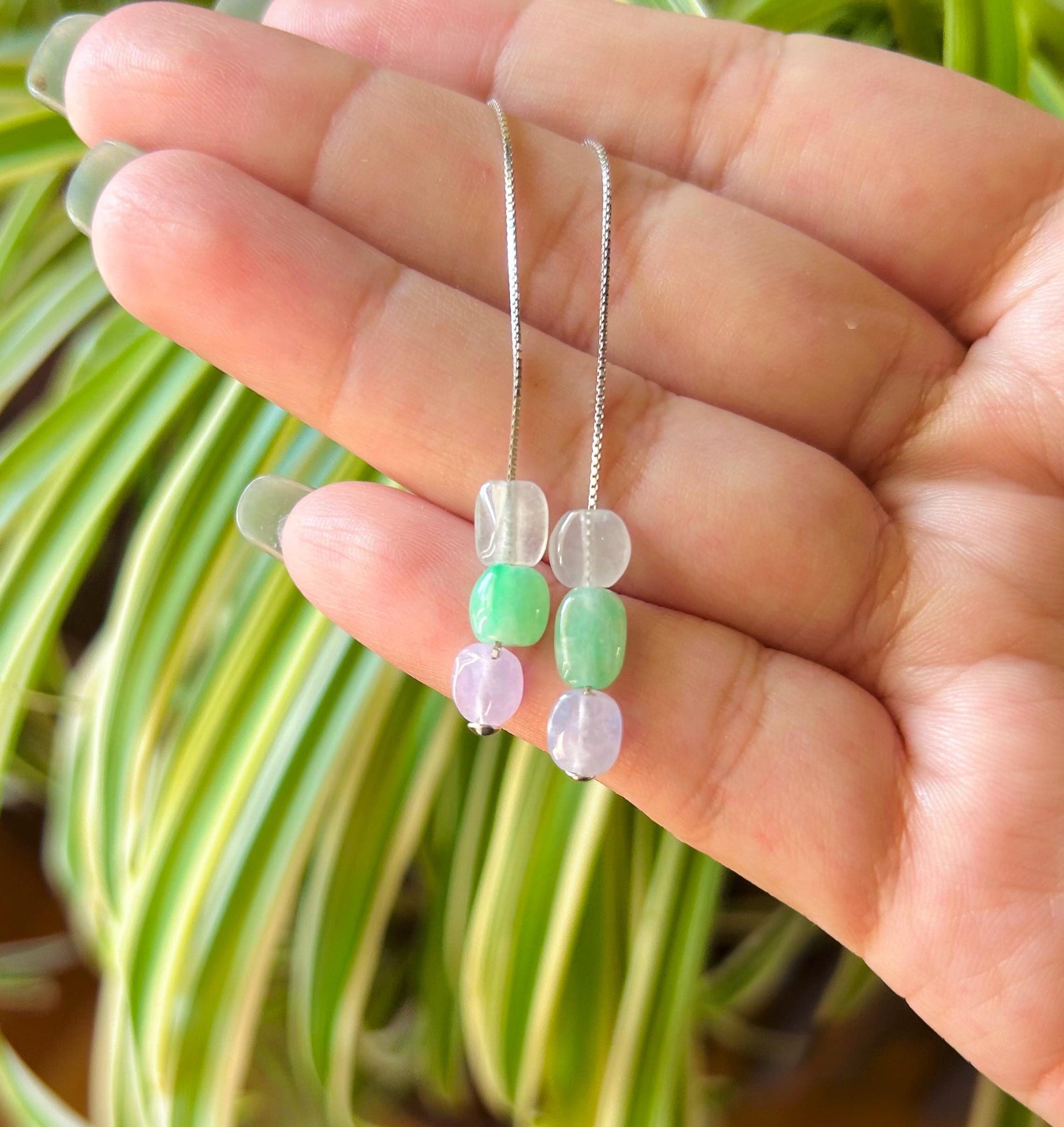 Burmese Jadeite Threader Earrings: Natural Type A Highly Translucent Multicolor Jade, Sterling Silver, Adjustable Length
