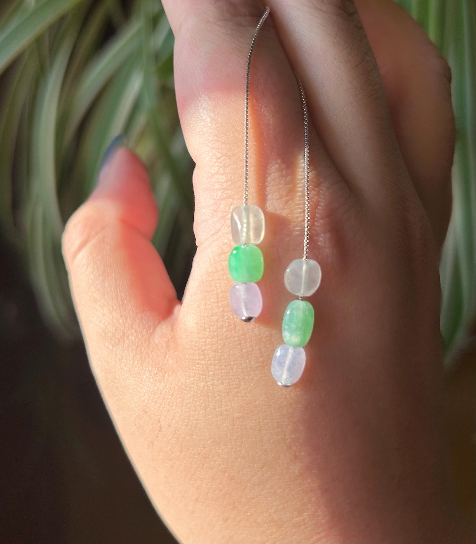Burmese Jadeite Threader Earrings: Natural Type A Highly Translucent Multicolor Jade, Sterling Silver, Adjustable Length