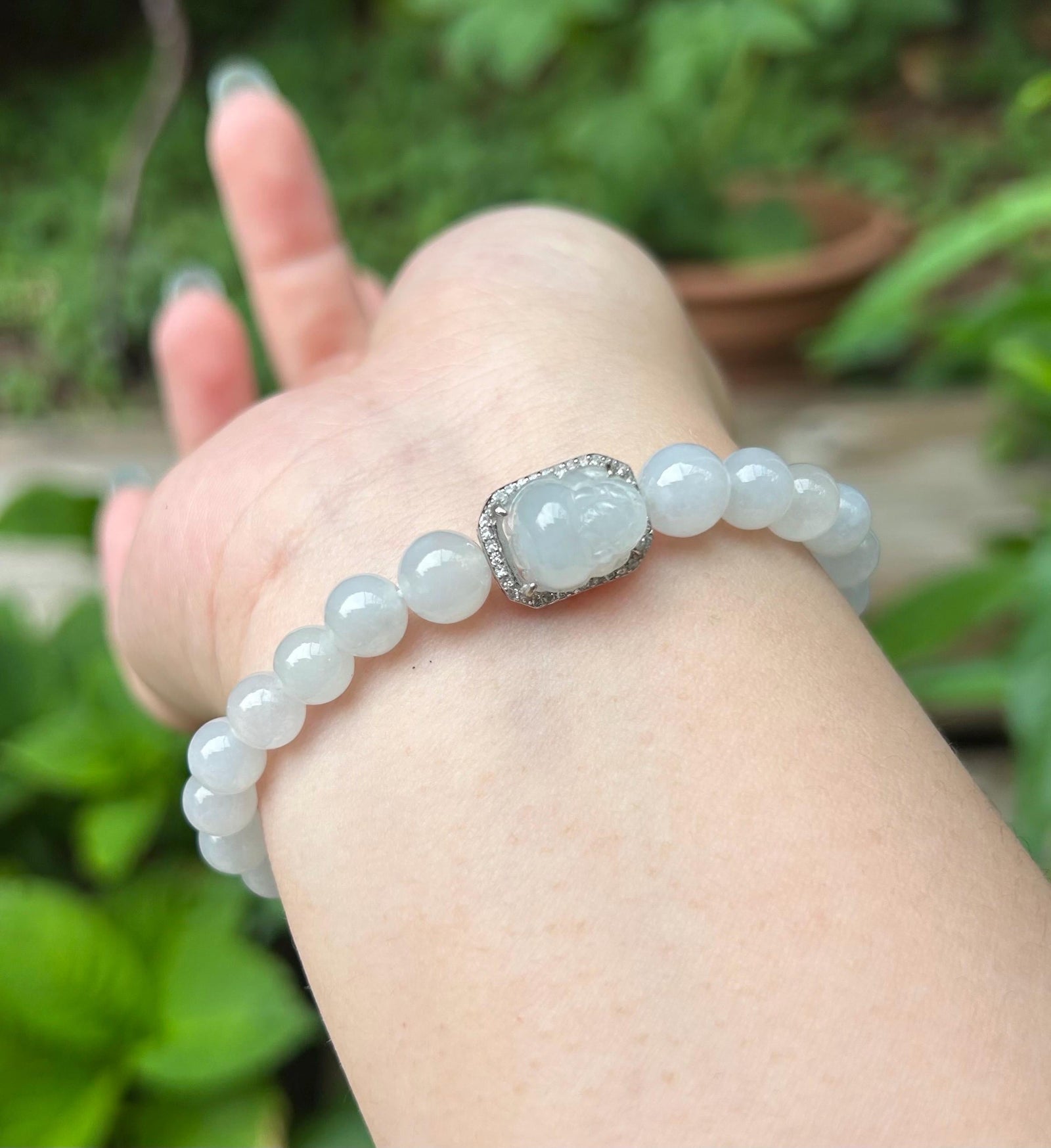 Jadeite Jade Beaded Bracelet Jewelry Gift for Her Natural Burmese Type A Highly Translucent Icy White Jade 7mm & White Jadeite Pixi
