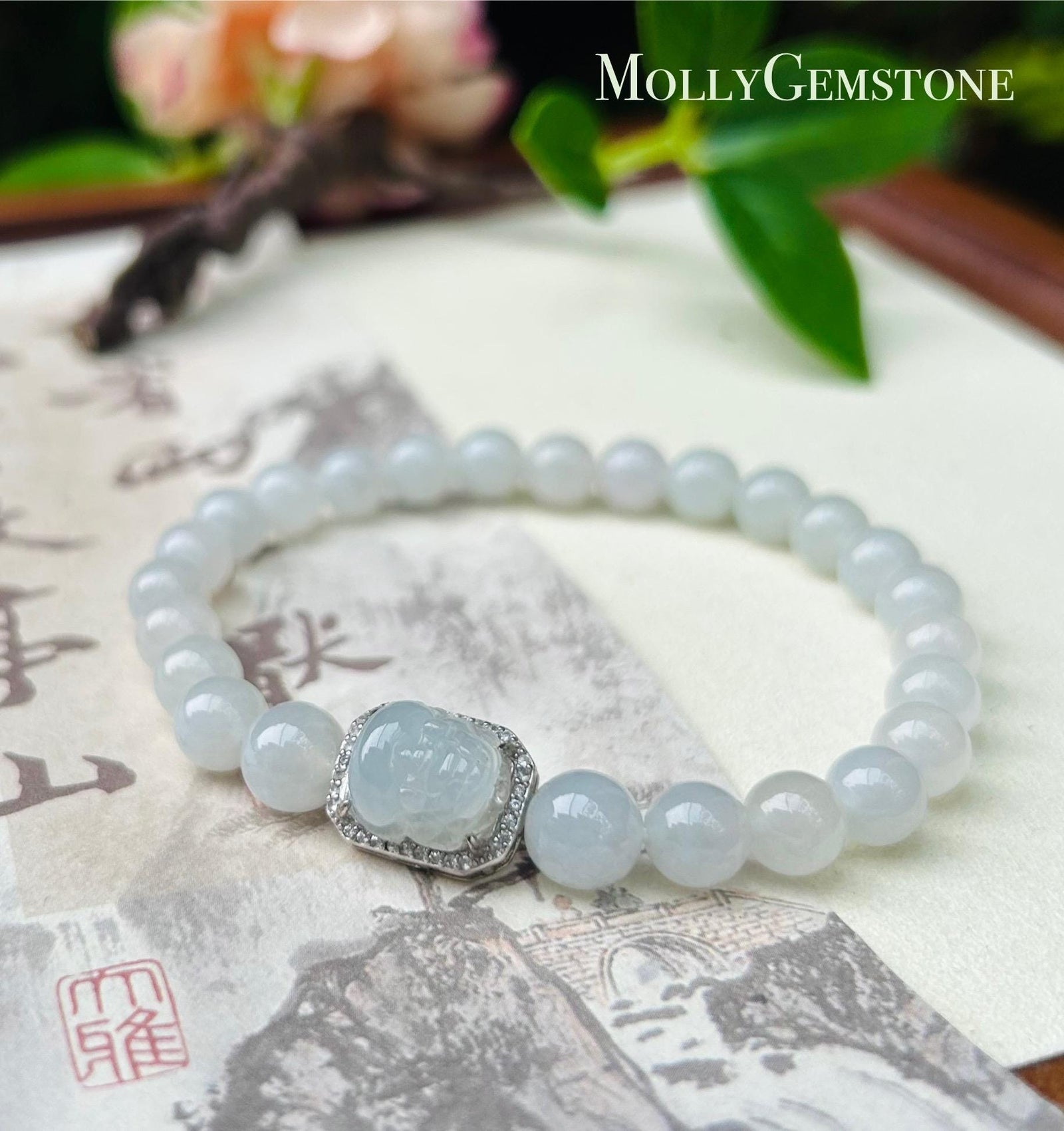 Jadeite Jade Beaded Bracelet Jewelry Gift for Her Natural Burmese Type A Highly Translucent Icy White Jade 7mm & White Jadeite Pixi