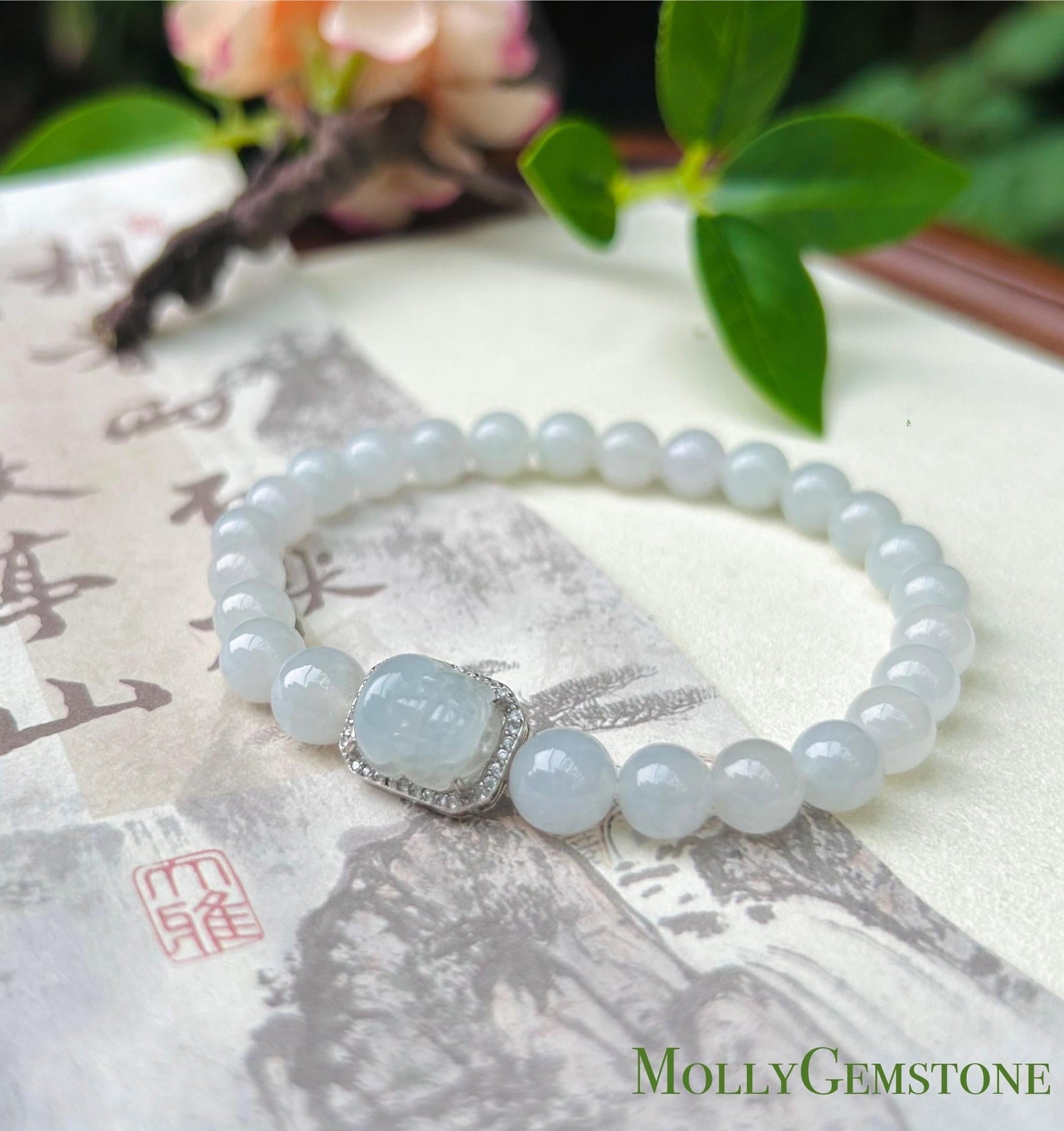 Jadeite Jade Beaded Bracelet Jewelry Gift for Her Natural Burmese Type A Highly Translucent Icy White Jade 7mm & White Jadeite Pixi