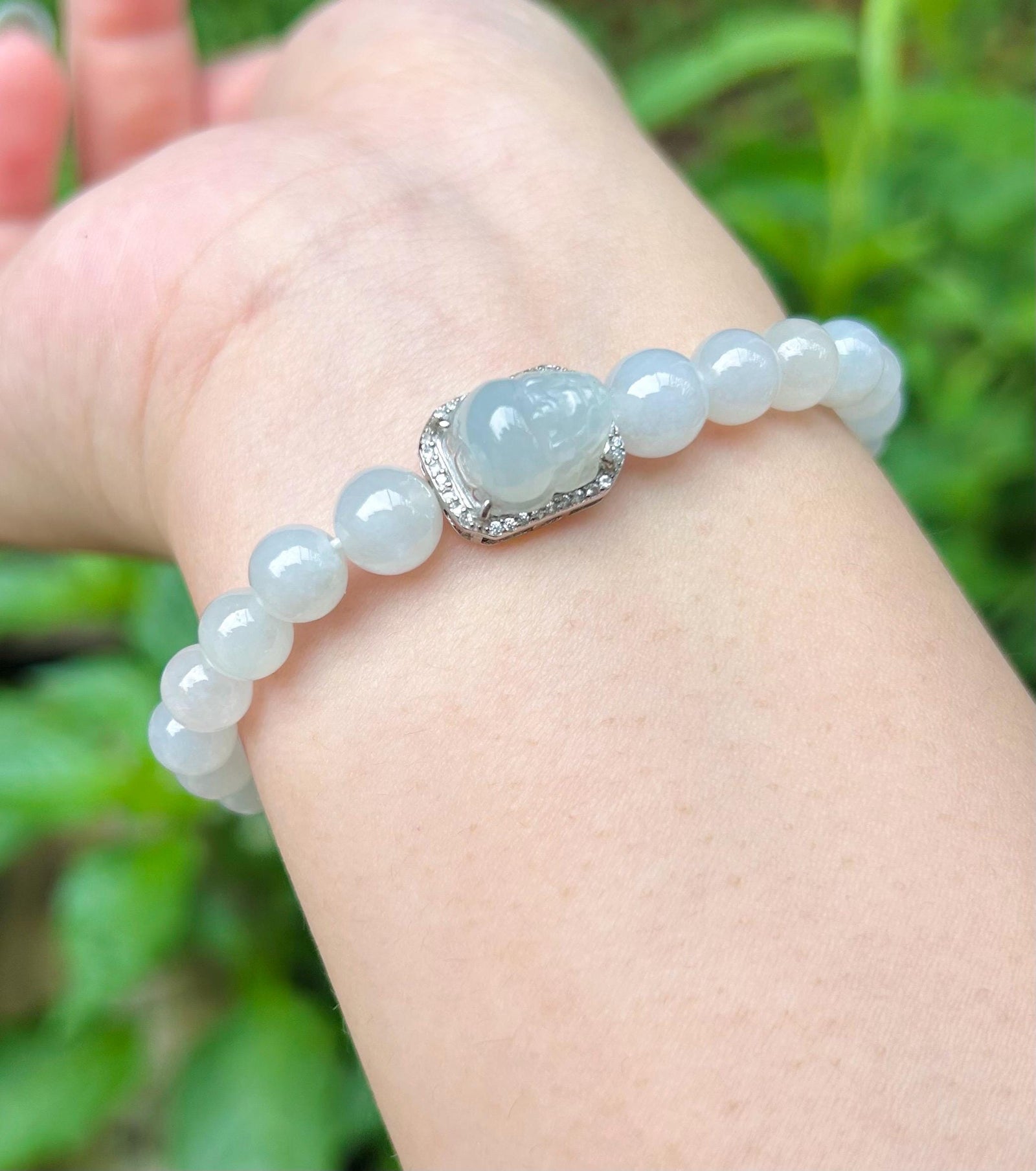 Jadeite Jade Beaded Bracelet Jewelry Gift for Her Natural Burmese Type A Highly Translucent Icy White Jade 7mm & White Jadeite Pixi