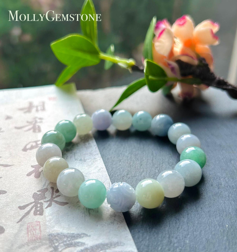 Jadeite Beaded Bracelet Handmade Jewelry Gift Natural Burmese Type A Icy Translucent Jadeite MultiColor FeiCui 11mm