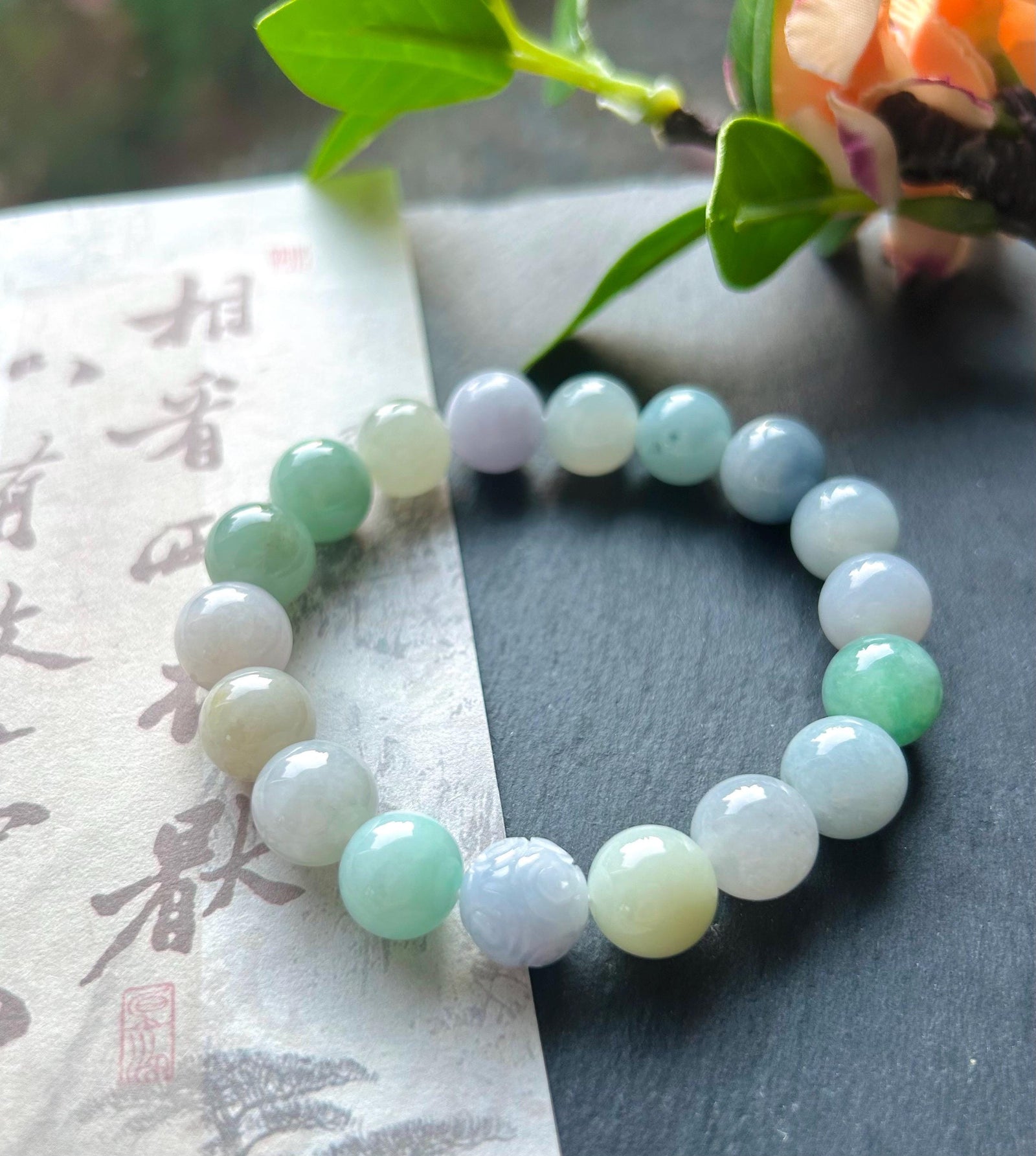 Jadeite Beaded Bracelet Handmade Jewelry Gift Natural Burmese Type A Icy Translucent Jadeite MultiColor FeiCui 11mm