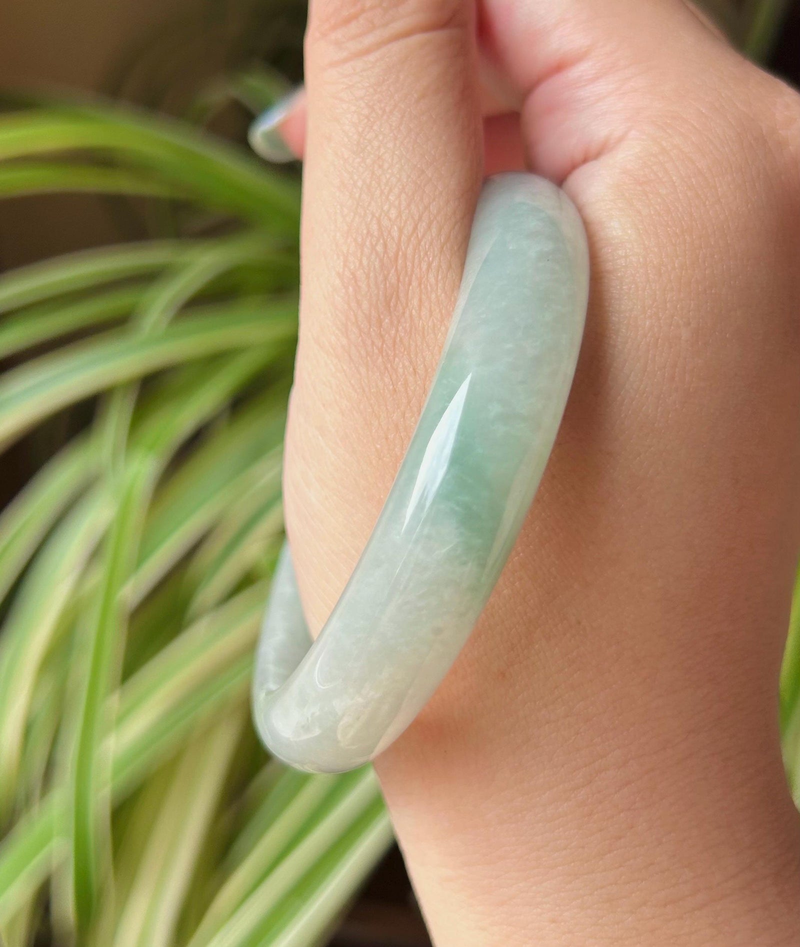 Jadeite Jade Bangle Jewelry Gift for Her Natural Burmese Untreated Type A Light Green Floral Jade Bangle 57.6 x 12.5 x7.9mm Fei-Cui Bangle