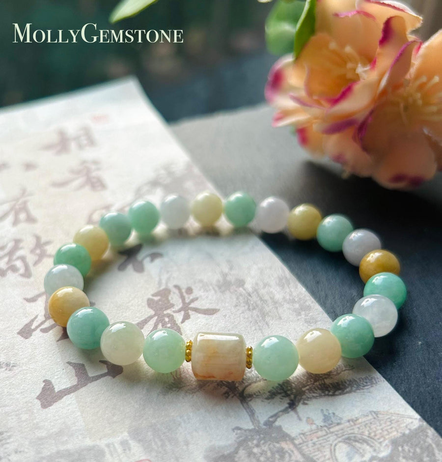 Jade Beaded Bracelet Handmade Jewelry Gift Natural Untreated Burmese Icy Type A Translucent MultiColor Myanmar Jadeite 7.8mm