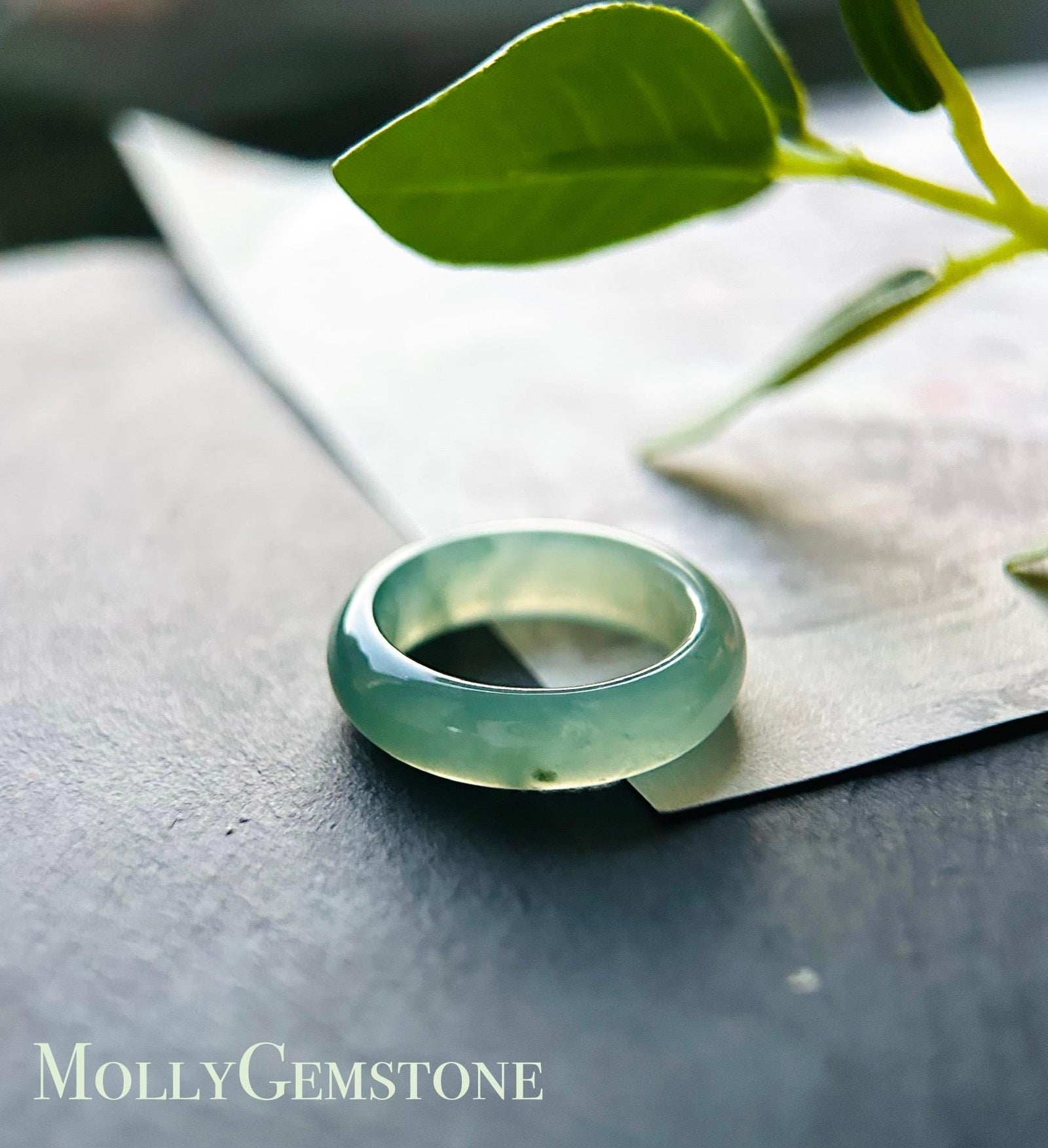 Icy Clear Water Green Burmese Jadeite Ring - Natural Type A Myanmar Jade Band US Size-8