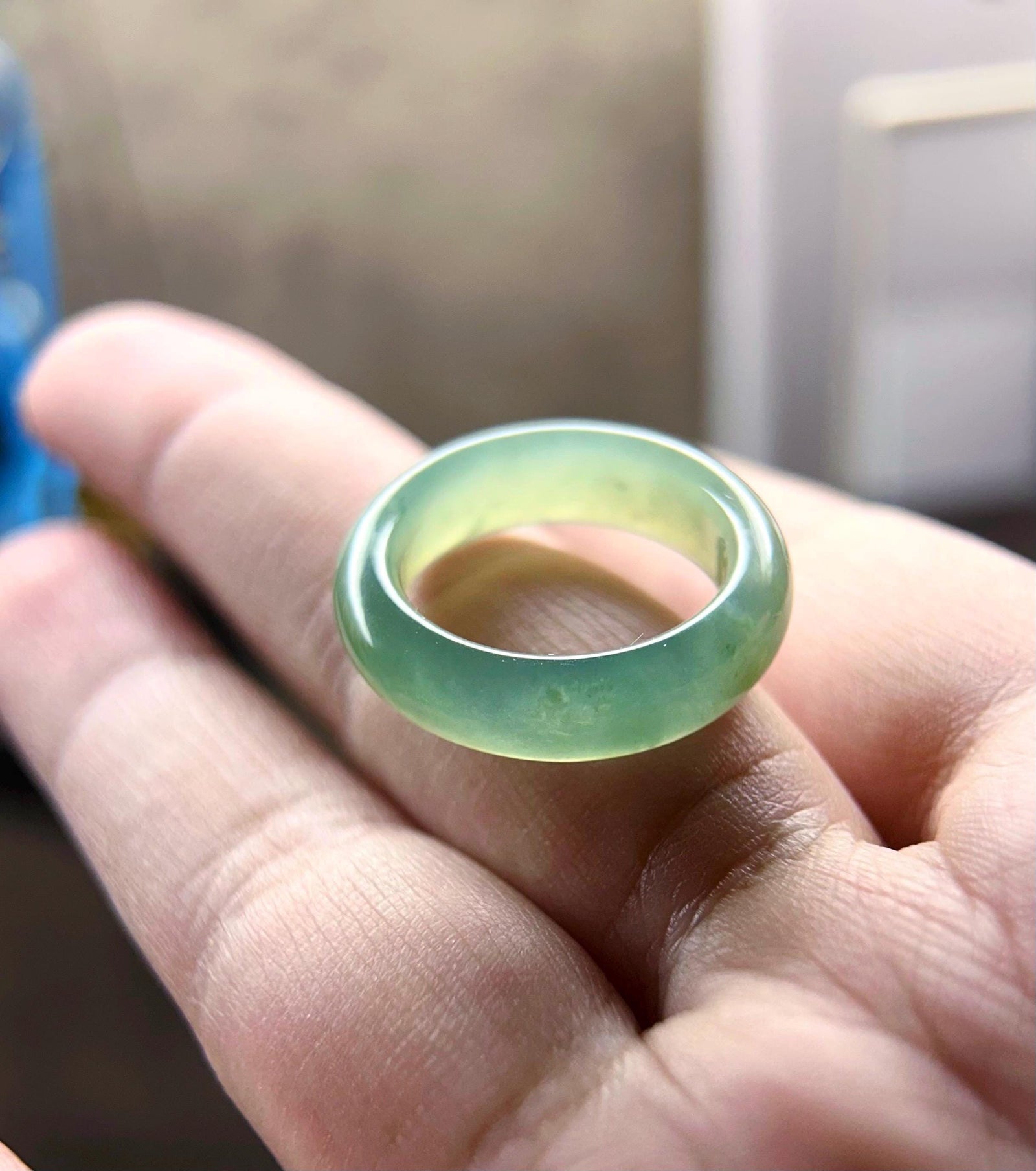 Icy Clear Water Green Burmese Jadeite Ring - Natural Type A Myanmar Jade Band US Size-8