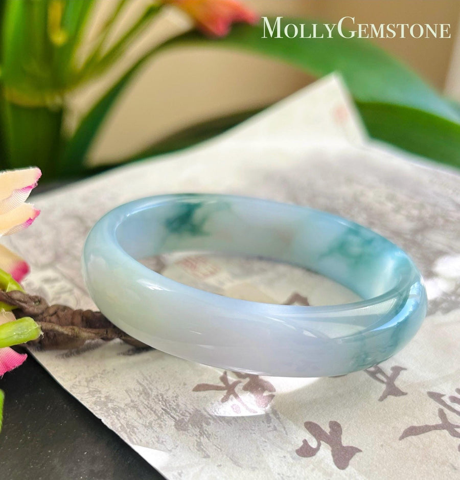 Certified Jadeite Jade Bangle Jewelry Gift for Her Natural Burmese Untreated Type A Lavender Purple & Blue Floral Oval Jade Bangle 54 x 48mm