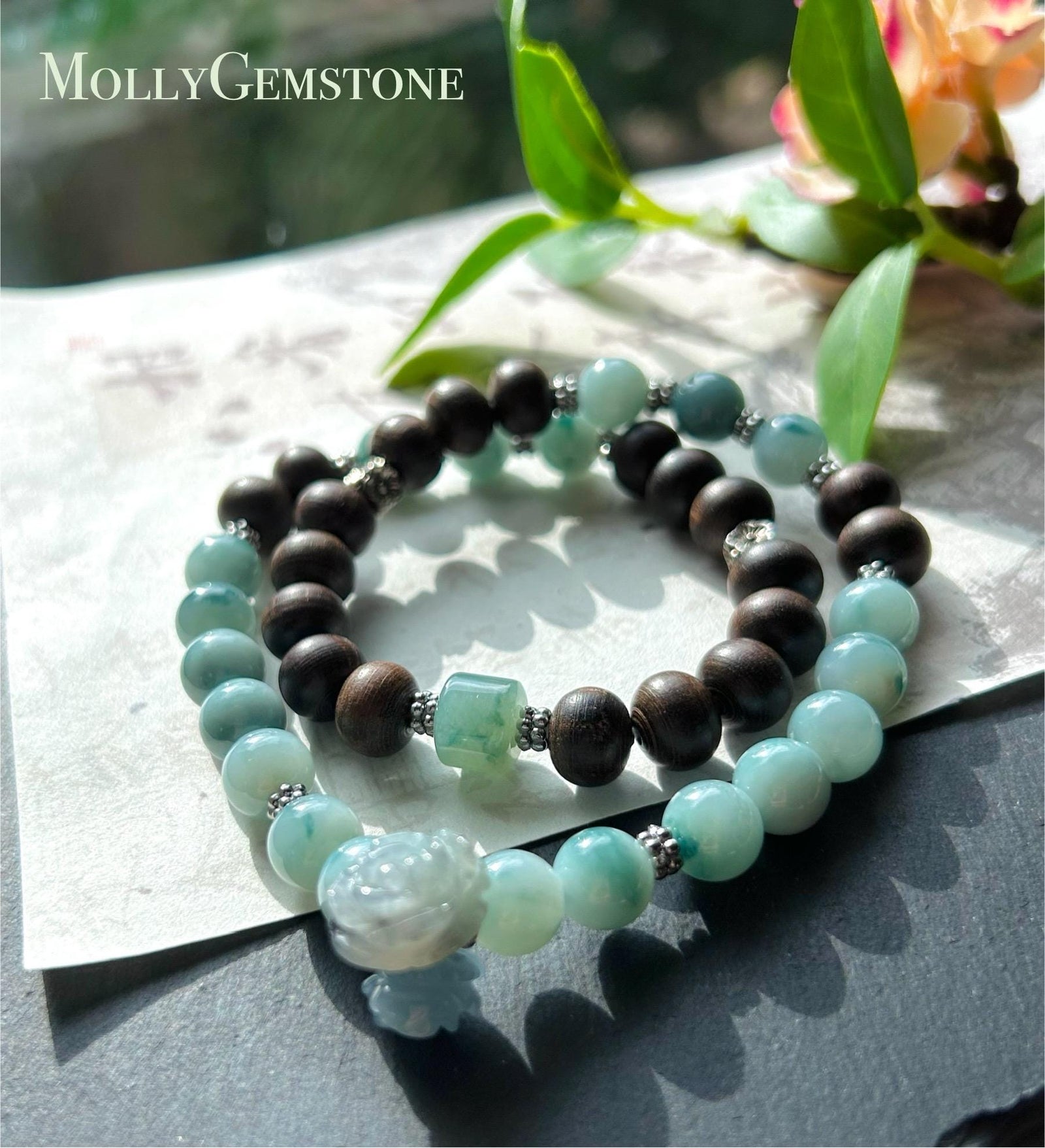Icy Blue Floral Jadeite Beaded Stacked Bracelet - Natural Burmese Type A Jade & Agarwood, Sterling Silver