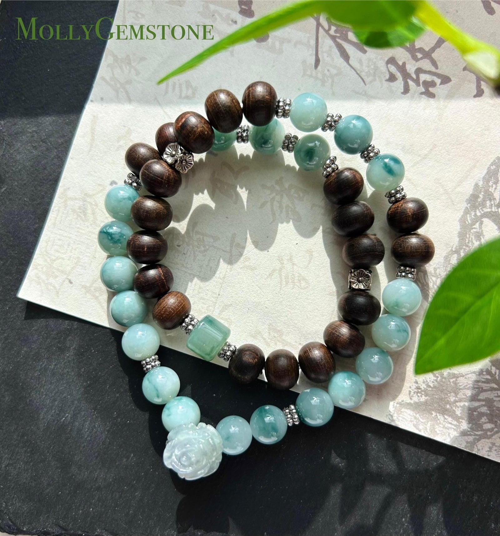 Icy Blue Floral Jadeite Beaded Stacked Bracelet - Natural Burmese Type A Jade & Agarwood, Sterling Silver