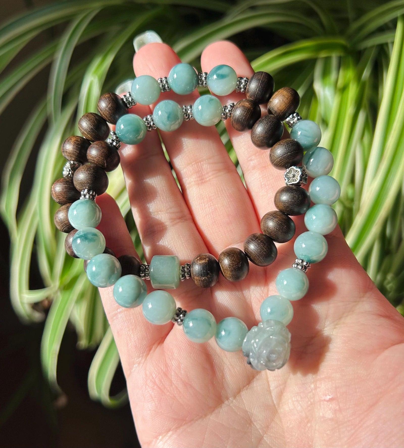 Icy Blue Floral Jadeite Beaded Stacked Bracelet - Natural Burmese Type A Jade & Agarwood, Sterling Silver