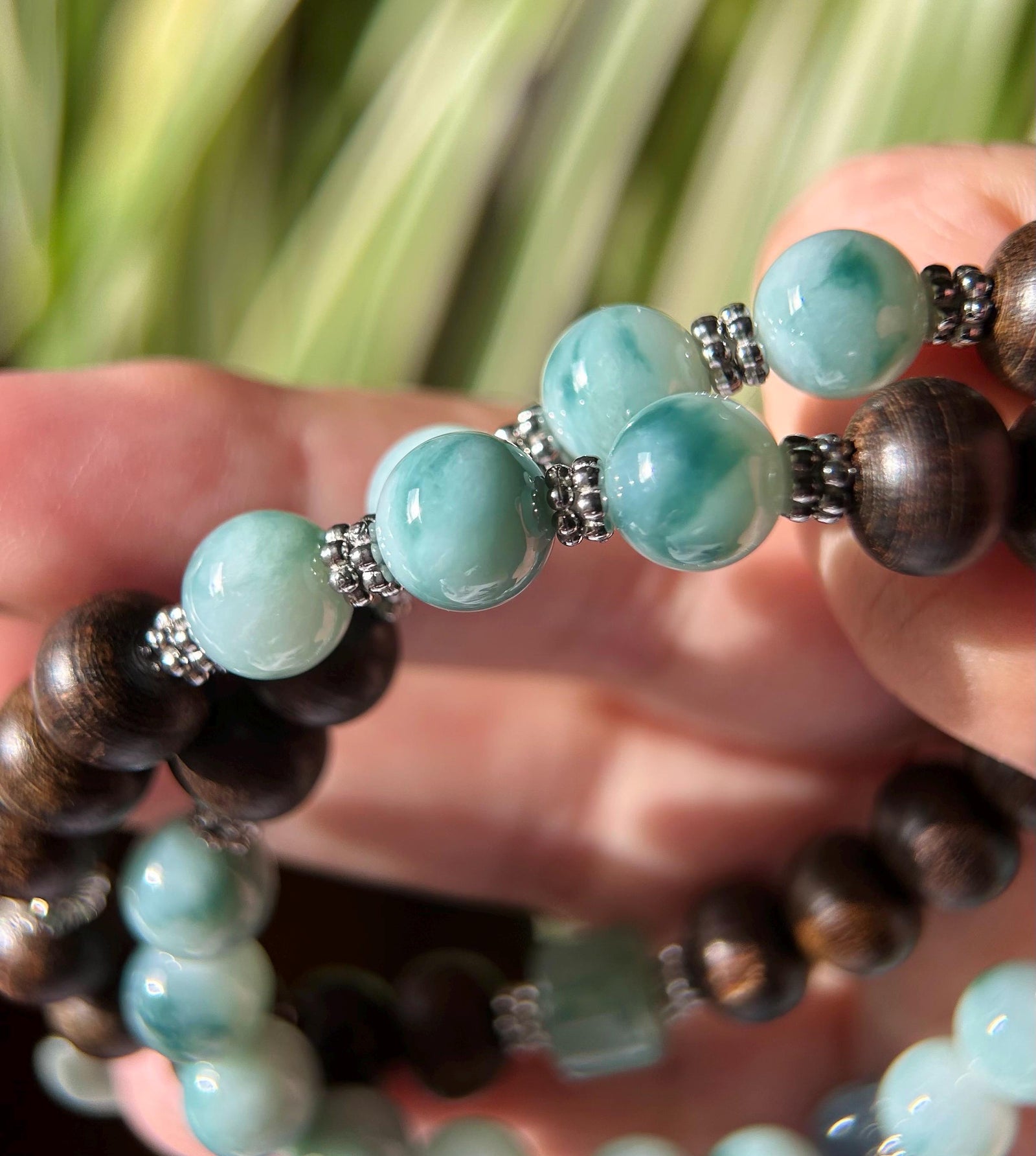 Icy Blue Floral Jadeite Beaded Stacked Bracelet - Natural Burmese Type A Jade & Agarwood, Sterling Silver