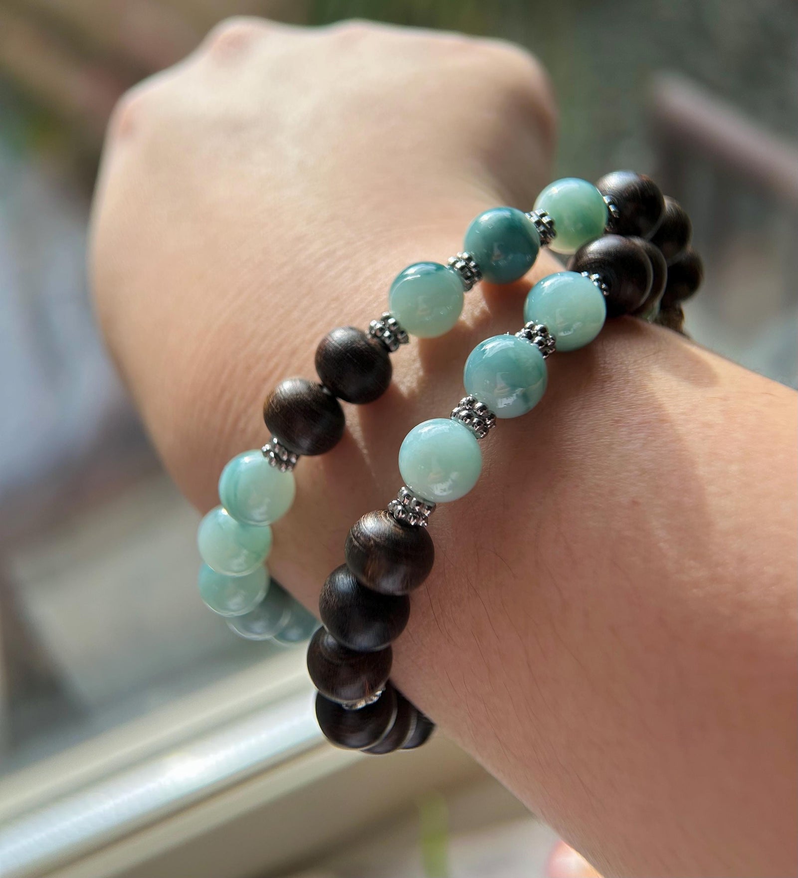 Icy Blue Floral Jadeite Beaded Stacked Bracelet - Natural Burmese Type A Jade & Agarwood, Sterling Silver