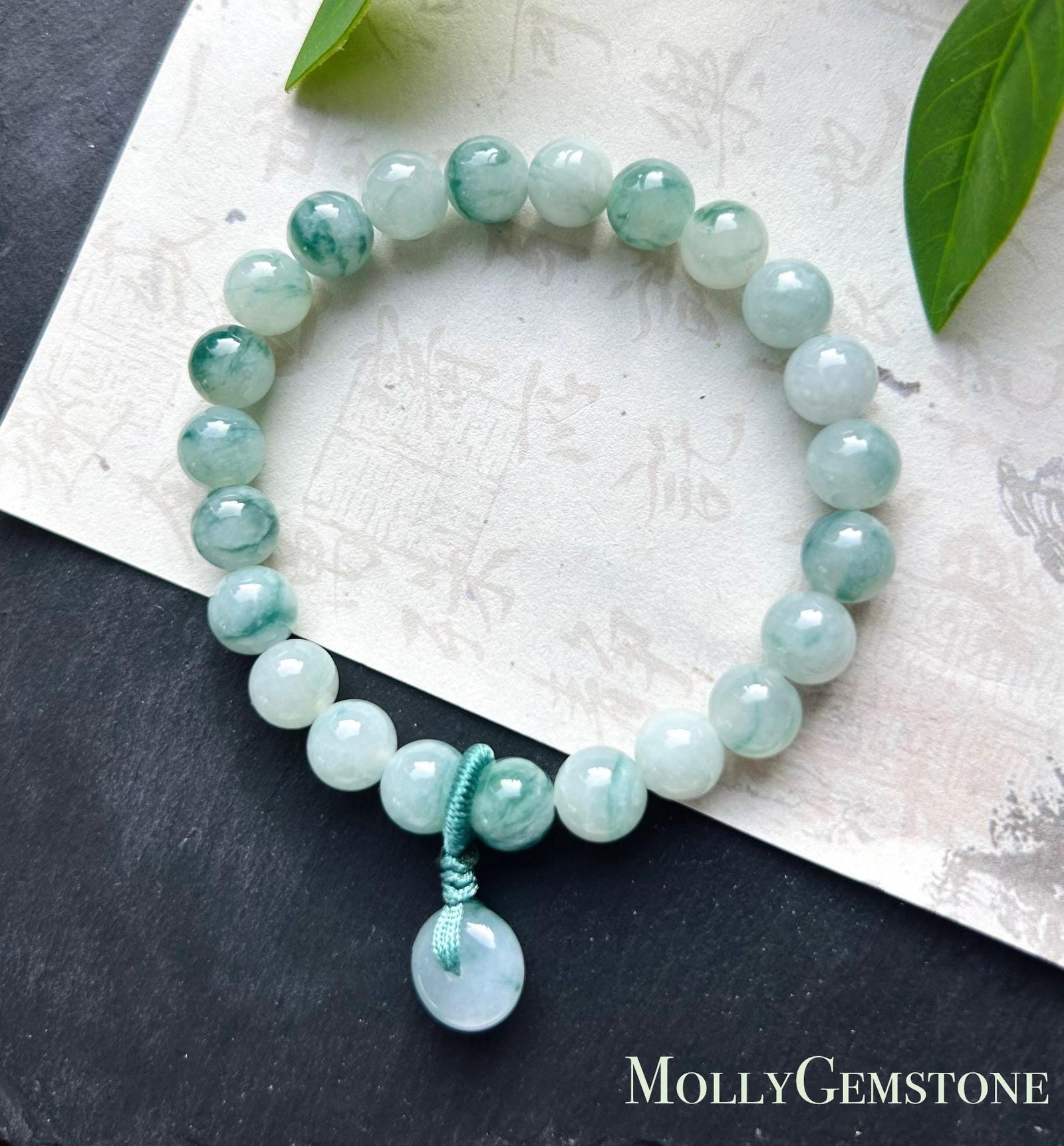 Jadeite Beaded Bracelet Jewelry - Natural Burmese Type A Icy Highly Translucent Blue Green Floral Jade 8mm with Lucky Donut Charm