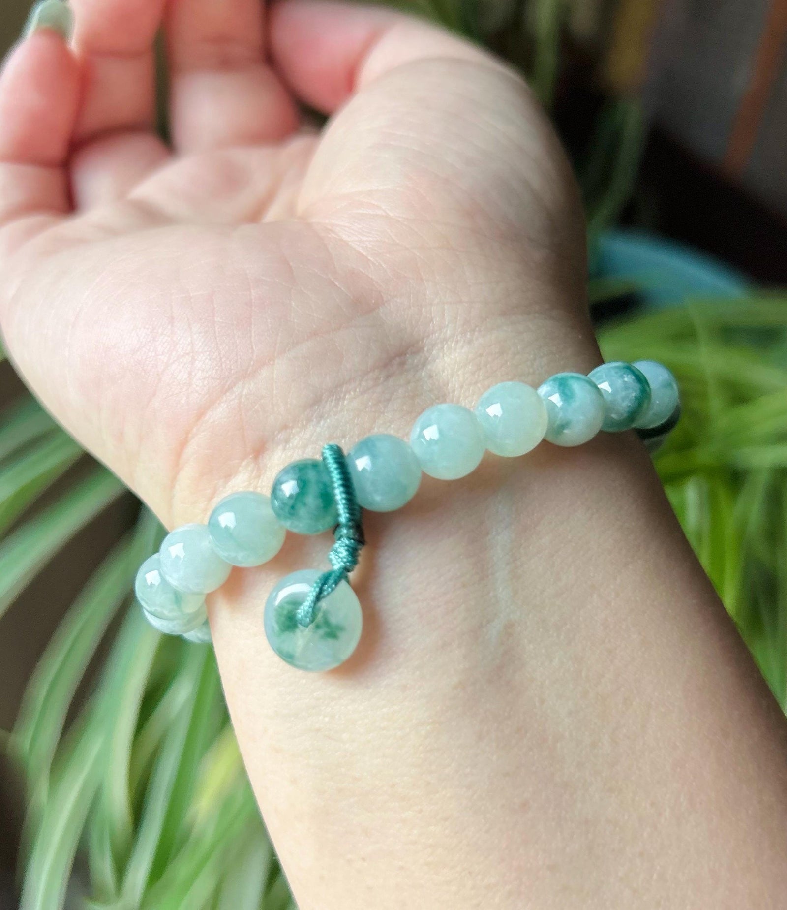 Jadeite Beaded Bracelet Jewelry - Natural Burmese Type A Icy Highly Translucent Blue Green Floral Jade 8mm with Lucky Donut Charm