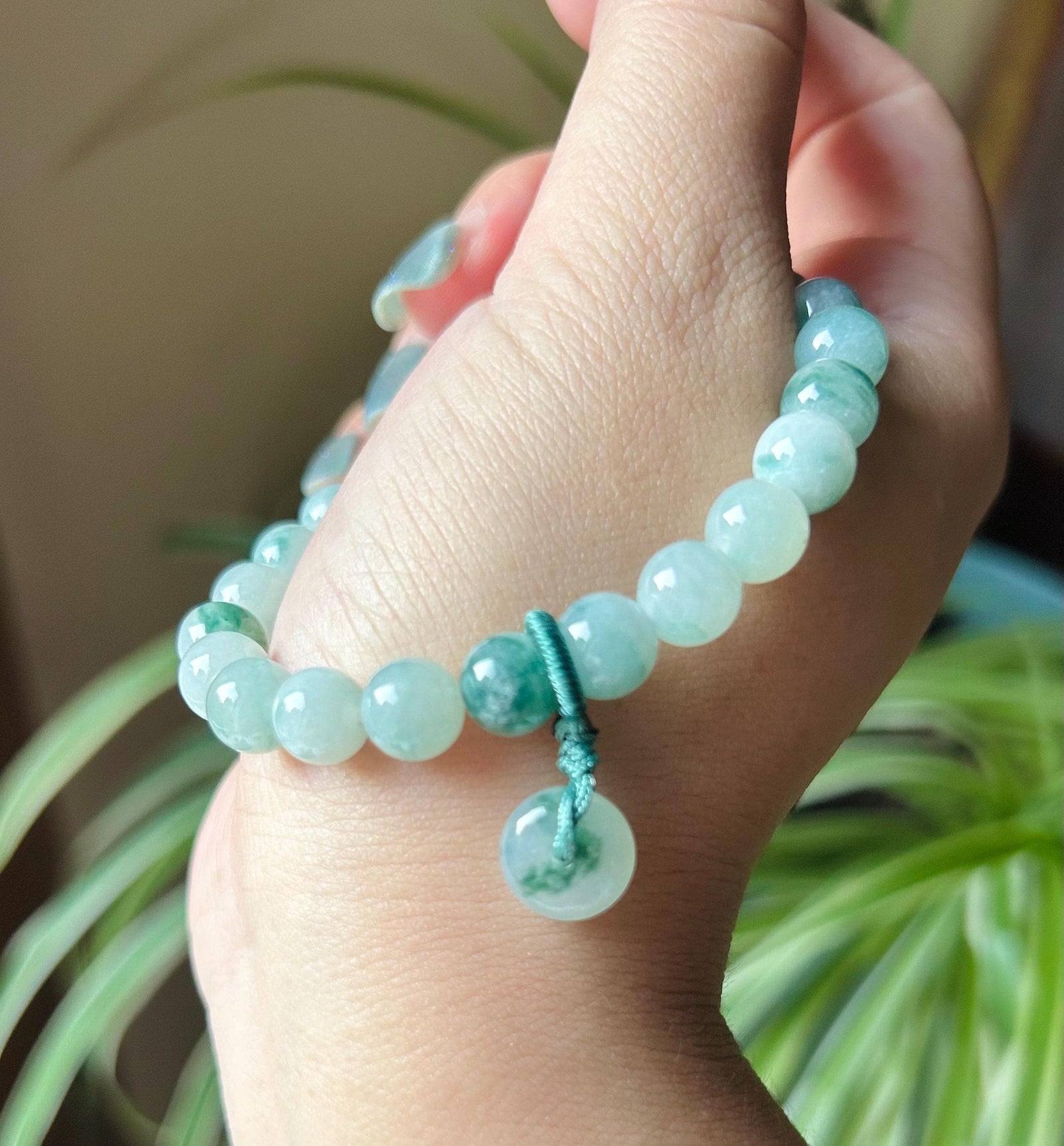 Jadeite Beaded Bracelet Jewelry - Natural Burmese Type A Icy Highly Translucent Blue Green Floral Jade 8mm with Lucky Donut Charm
