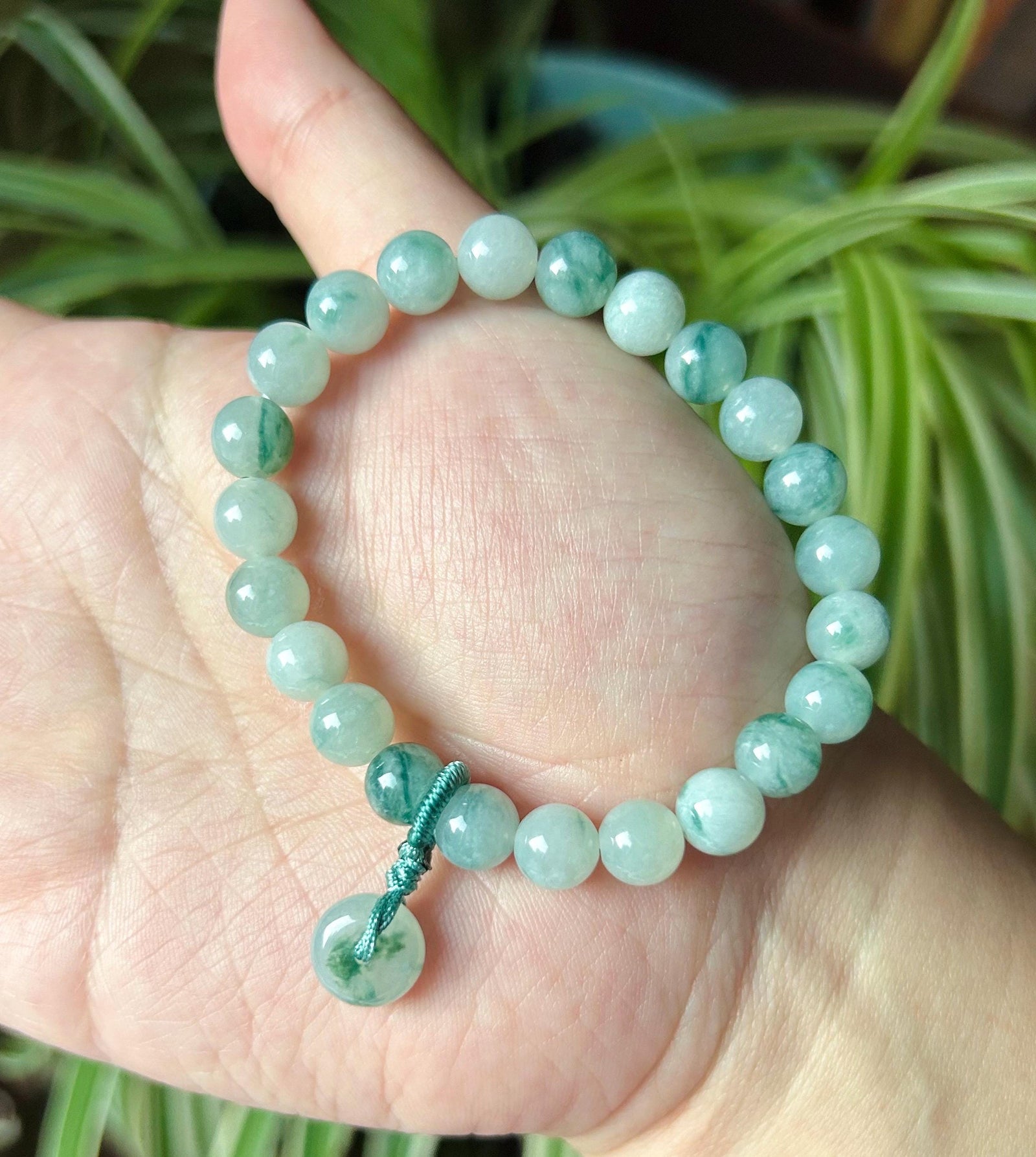 Jadeite Beaded Bracelet Jewelry - Natural Burmese Type A Icy Highly Translucent Blue Green Floral Jade 8mm with Lucky Donut Charm