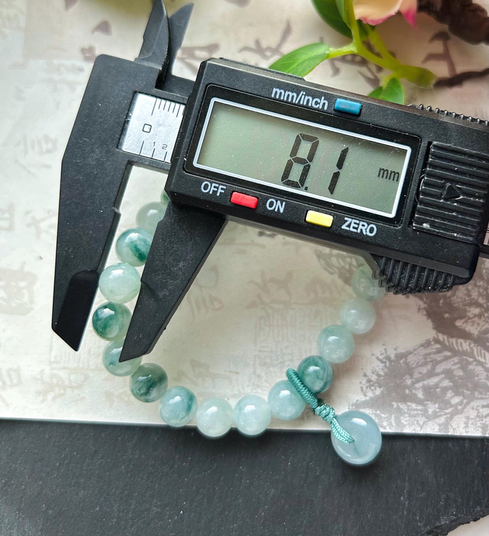 Jadeite Beaded Bracelet Jewelry - Natural Burmese Type A Icy Highly Translucent Blue Green Floral Jade 8mm with Lucky Donut Charm