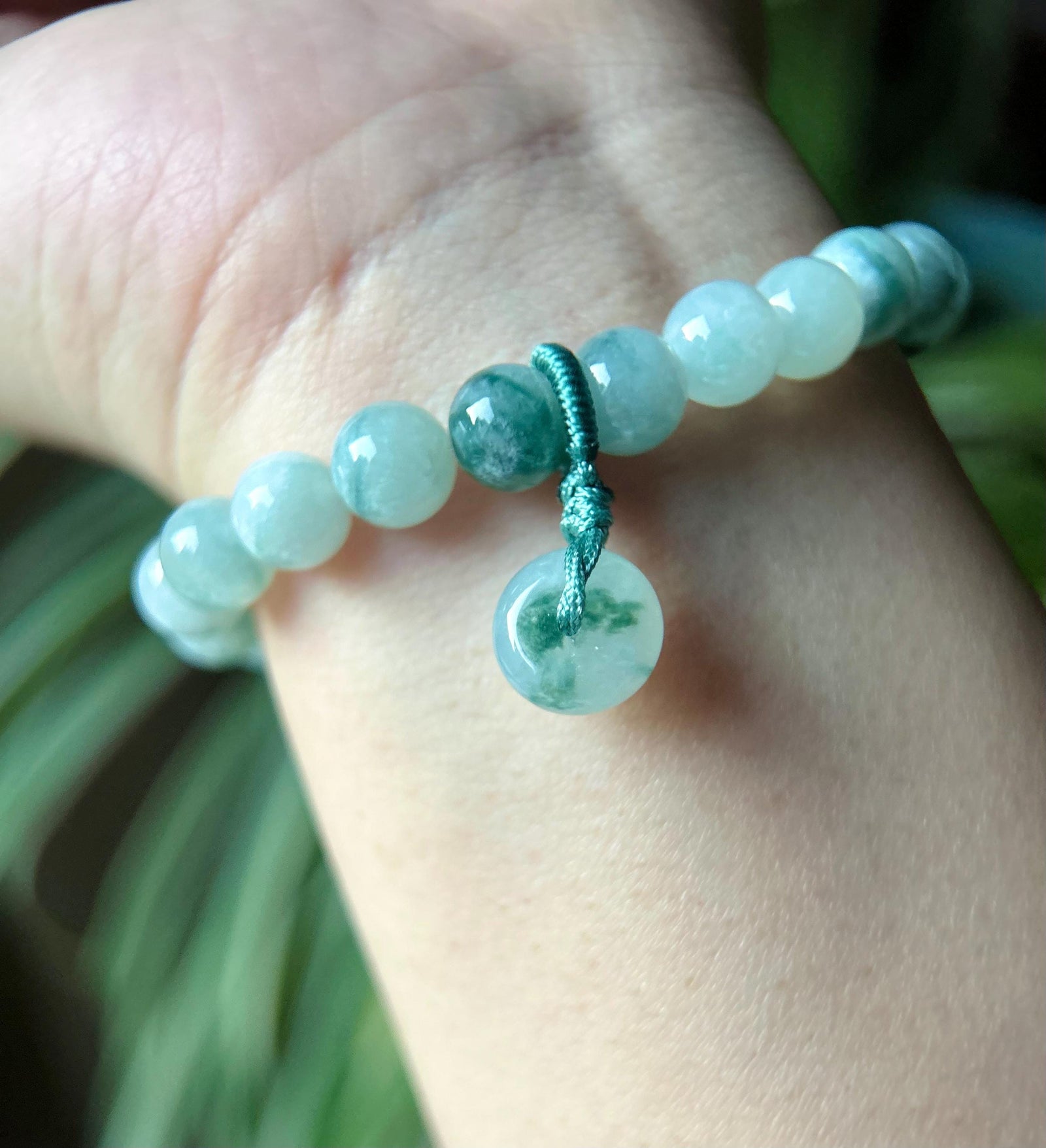 Jadeite Beaded Bracelet Jewelry - Natural Burmese Type A Icy Highly Translucent Blue Green Floral Jade 8mm with Lucky Donut Charm