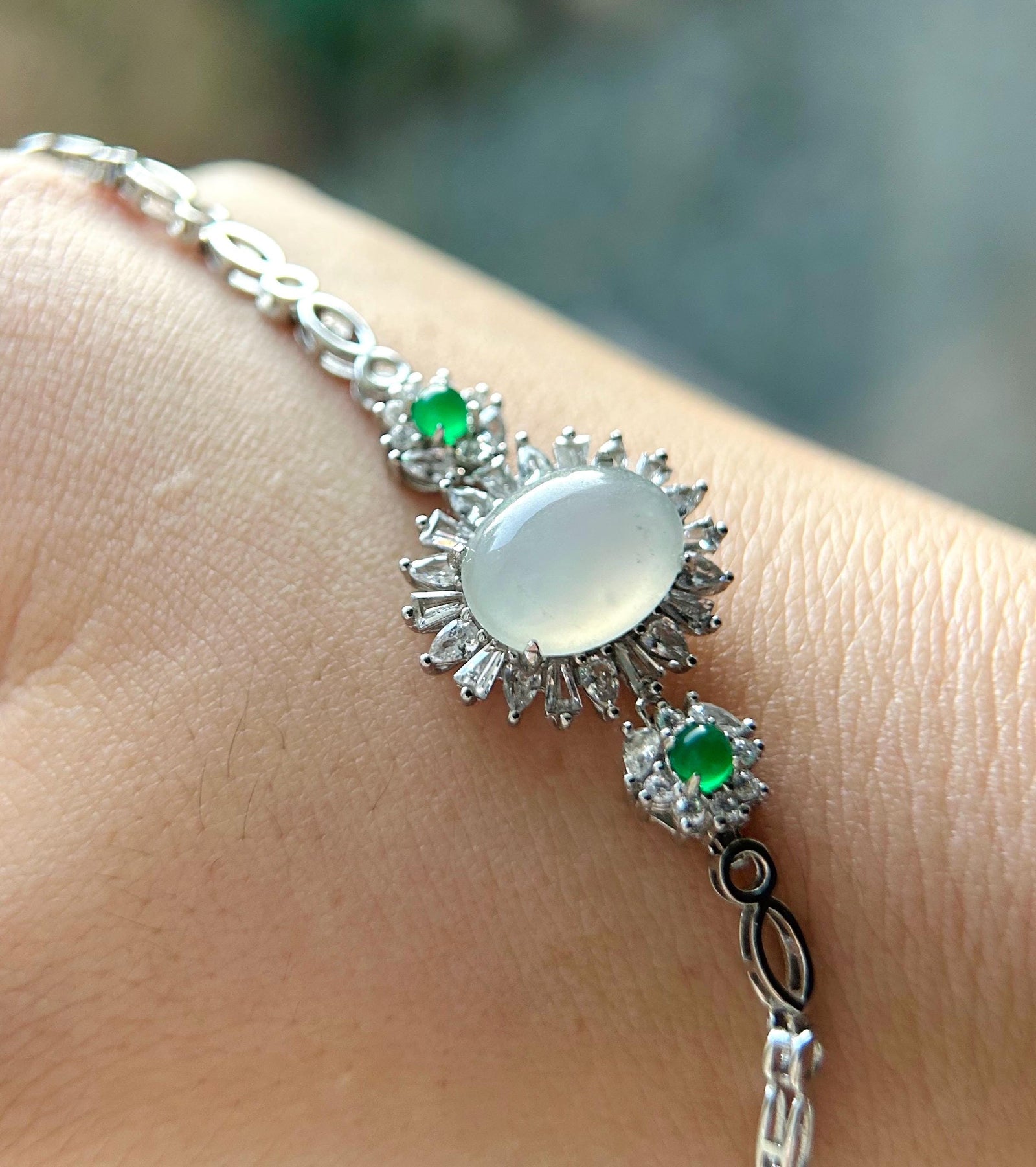 Jadeite Jade Bracelet Jewelry Gift for Her Natural Burmese Type A Highly Translucent Icy White WuJi Jade & 925 Sterling Silver