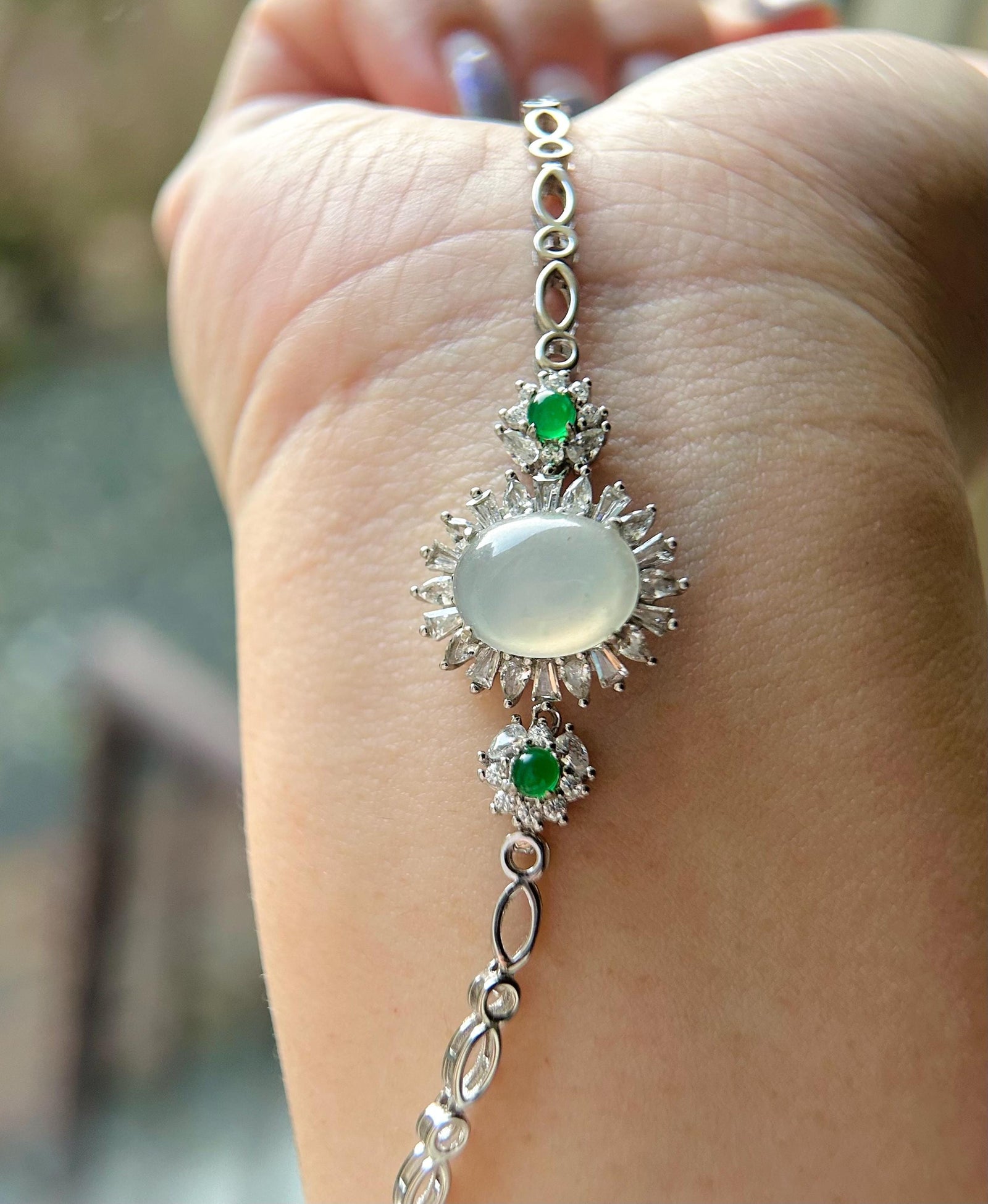 Jadeite Jade Bracelet Jewelry Gift for Her Natural Burmese Type A Highly Translucent Icy White WuJi Jade & 925 Sterling Silver