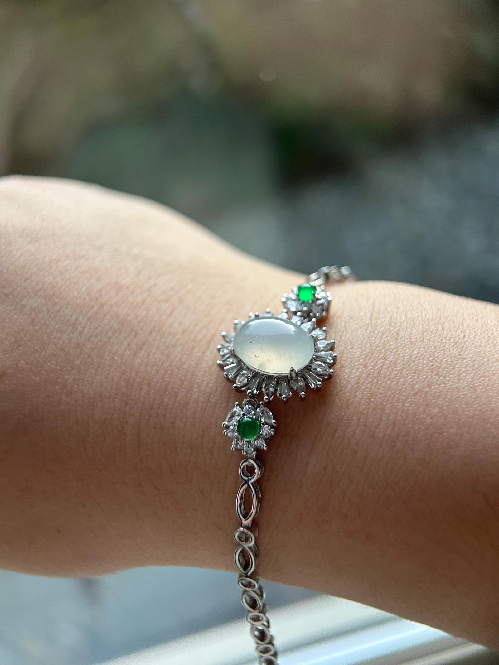 Jadeite Jade Bracelet Jewelry Gift for Her Natural Burmese Type A Highly Translucent Icy White WuJi Jade & 925 Sterling Silver
